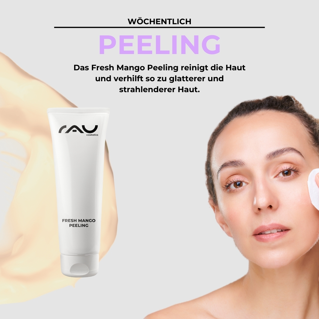 Routine de soins professionnelle pour peau sèche RAU Cosmetics Profi-Pflegeroutine für trockene Haut – Enzympeeling mit Shea Butter und Squalane für sanfte Zellerneuerung und Feuchtigkeitsversorgung.