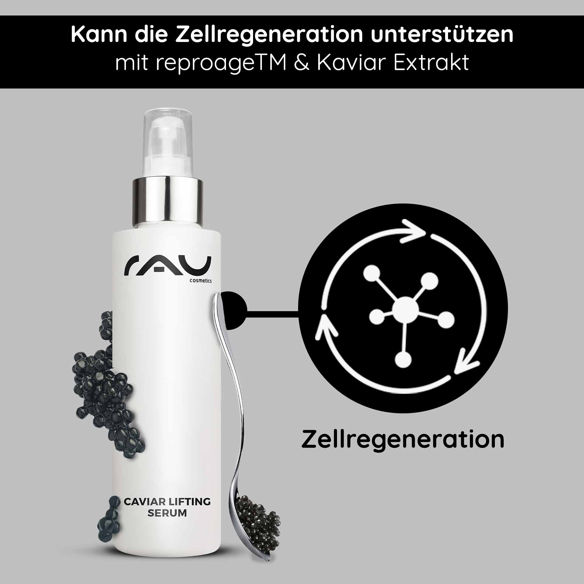 Caviar Lifting Serum 100 ml avec Reproage & Extrait de Caviar Caviar Lifting Serum von RAU Cosmetics mit Kaviarextrakt und reproageTM, fördert die Zellregeneration, präsentiert in eleganter Flasche mit Applikator.