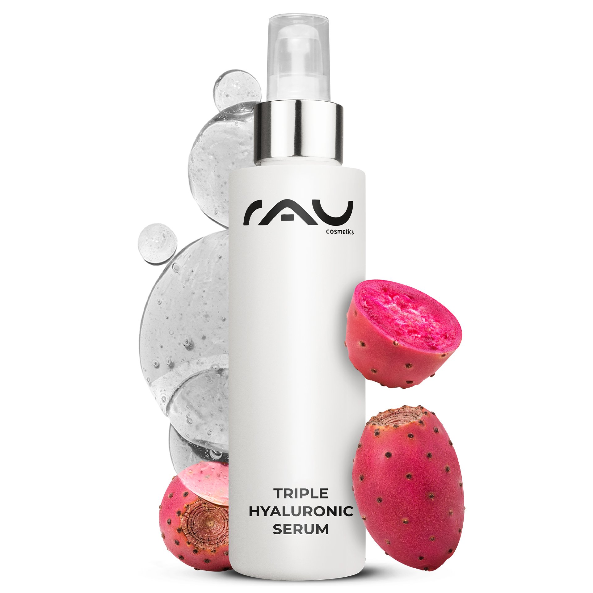 Flacon en verre brun de 100 ml avec pipette Triple Hyaluronic Serum de RAU Cosmetics.