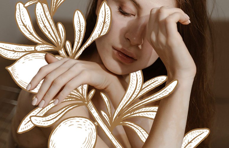 Frau mit sanften Gesichtszügen und verschlossenen Augen, umgeben von stilisierten Pflanzenmotiven, symbolisiert die pflegenden Eigenschaften von Arganöl für Haut und Haare.