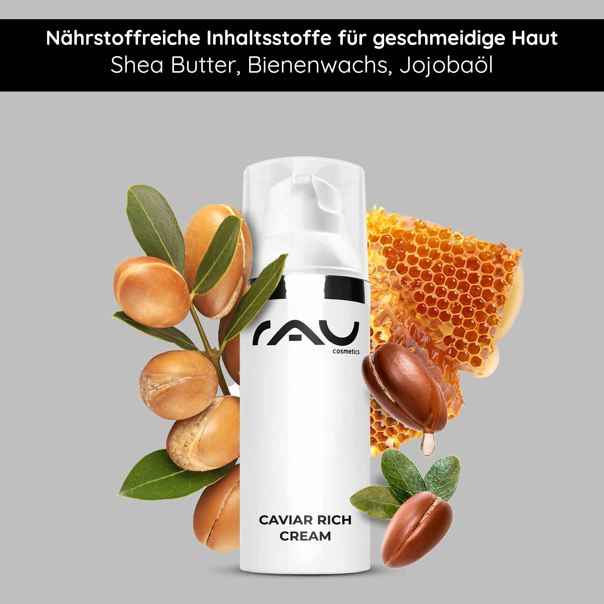 Caviar Rich Cream de RAU Cosmetics avec des ingrédients nourrissants tels que le beurre de karité, la cire d'abeille et l'huile de jojoba pour une peau lisse et hydratée.