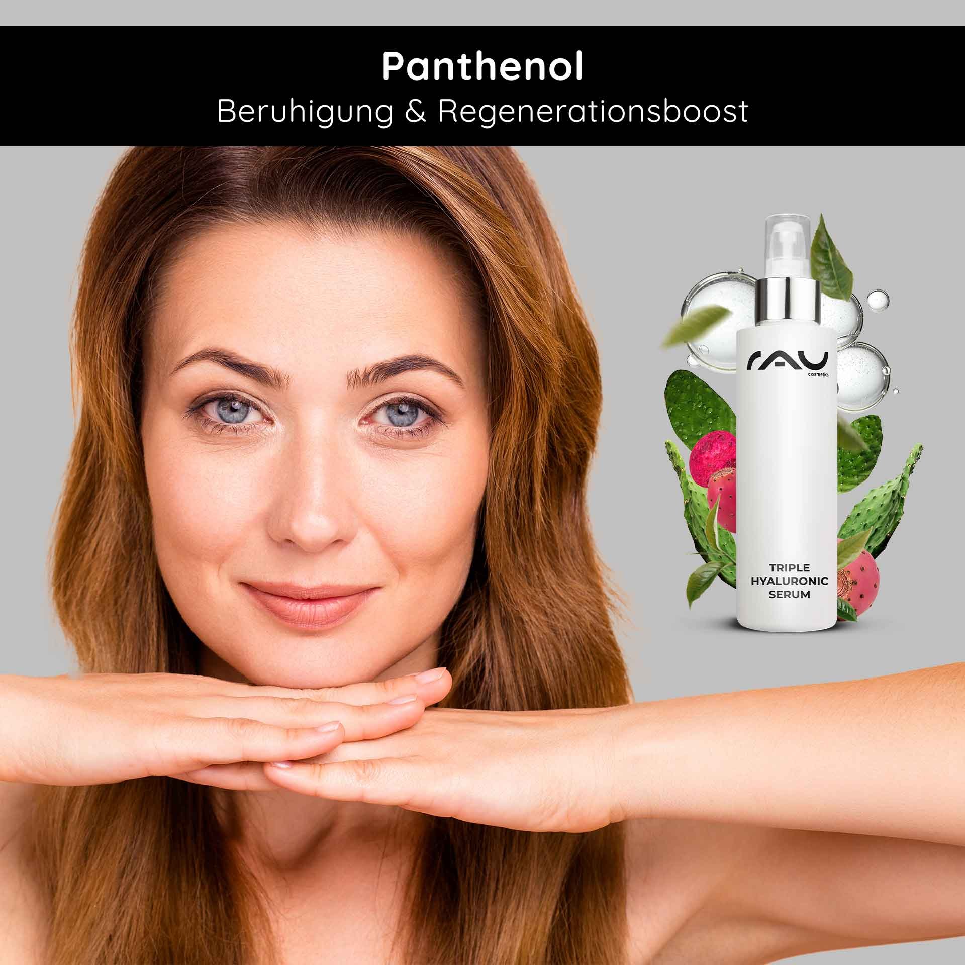 Sanfte Gesichtspflege: Frau mit strahlendem Teint präsentiert das Triple Hyaluronic Serum für die tägliche Routine.