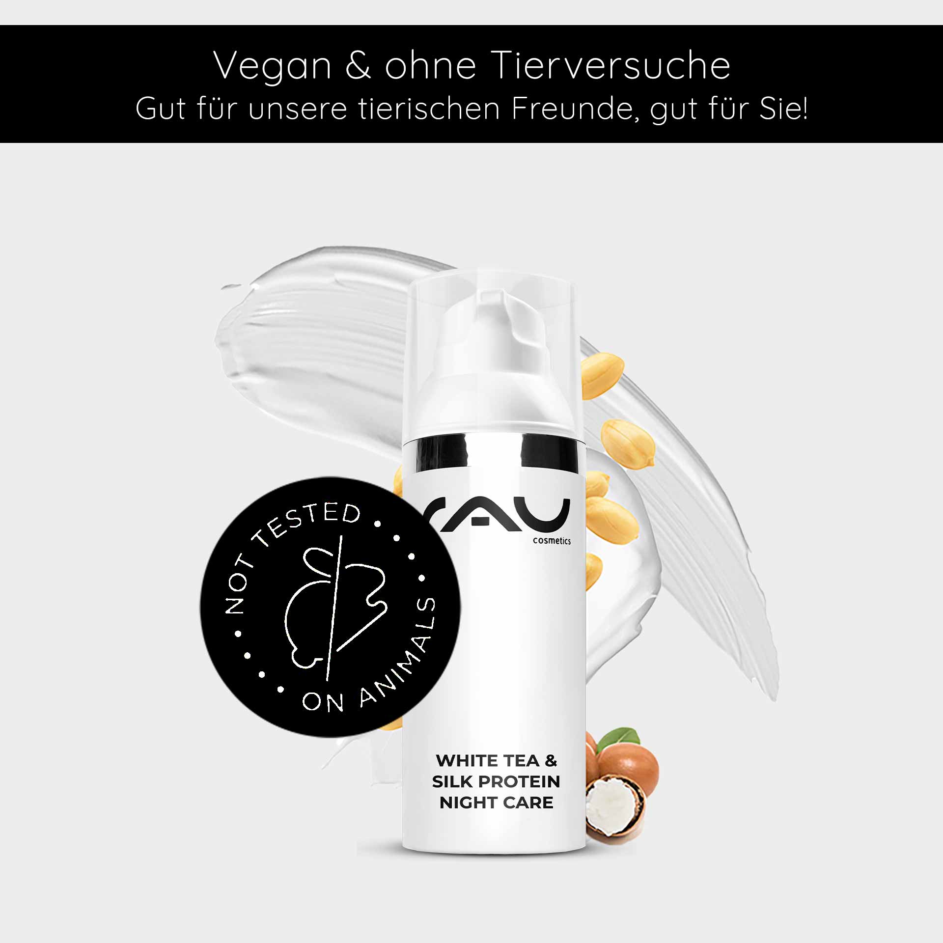 White Tea & Silk Protein Night Care 50 ml Crème de nuit RAU Cosmetics White Tea & Silk Protein Nachtpflegecreme in einer eleganten Flasche mit dem Logo „Nicht an Tieren getestet“ und einem Hintergrund aus cremiger Textur und Nüssen, der die vegane Hautpflege für die Feuchtigkeitsversorgung und Regeneration im
