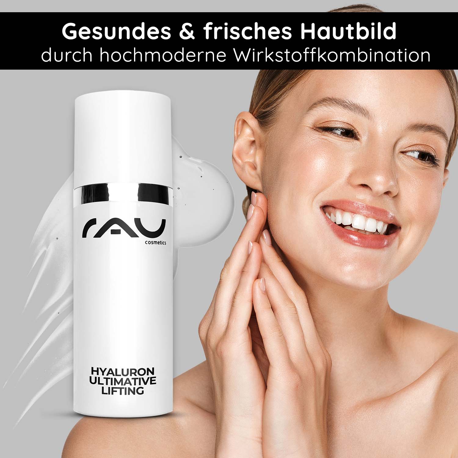Hyaluron Ultimate Lifting 50 ml Gel lifting à l'acide hyaluronique Hyaluron Ultimative Lifting Gel von RAU Cosmetics, zeigt eine lächelnde Frau bei der Hautpflege und fördert durch eine fortschrittliche Kombination von Inhaltsstoffen eine gesunde und frische Haut.