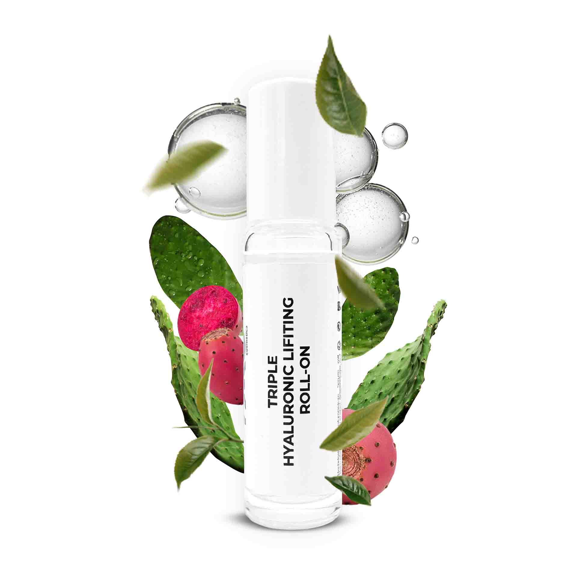 Triple Hyaluronic Serum Roll-On 10 ml avec 3 acides hyaluroniques Dreifach-Hyaluron-Lifting-Roll-On-Serum mit Kaktusextrakt und drei Hyaluronsäurearten, umgeben von grünen Blättern und rosa Kaktusfrüchten, für tiefe Feuchtigkeitsversorgung und Anti-Aging-Vorteile.