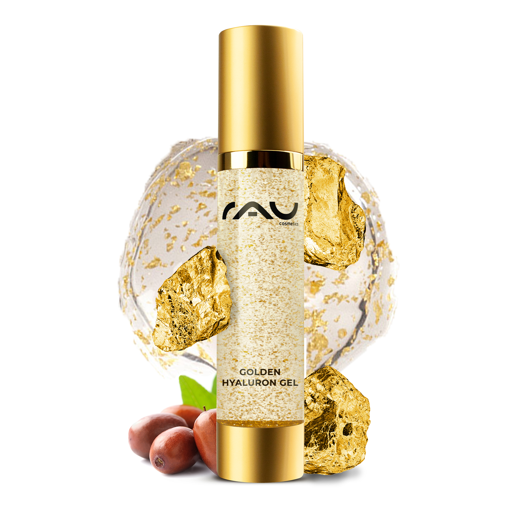 Golden Hyaluron Gel 50 ml Gel anti-âge à l'or 23 carats RAU Cosmetics Golden Hyaluron Gel mit 23 Karat Gold, luxuriöse Anti-Aging-Formel, umgeben von Goldflocken und natürlichen Inhaltsstoffen, entwickelt für reife und trockene Hauttypen.