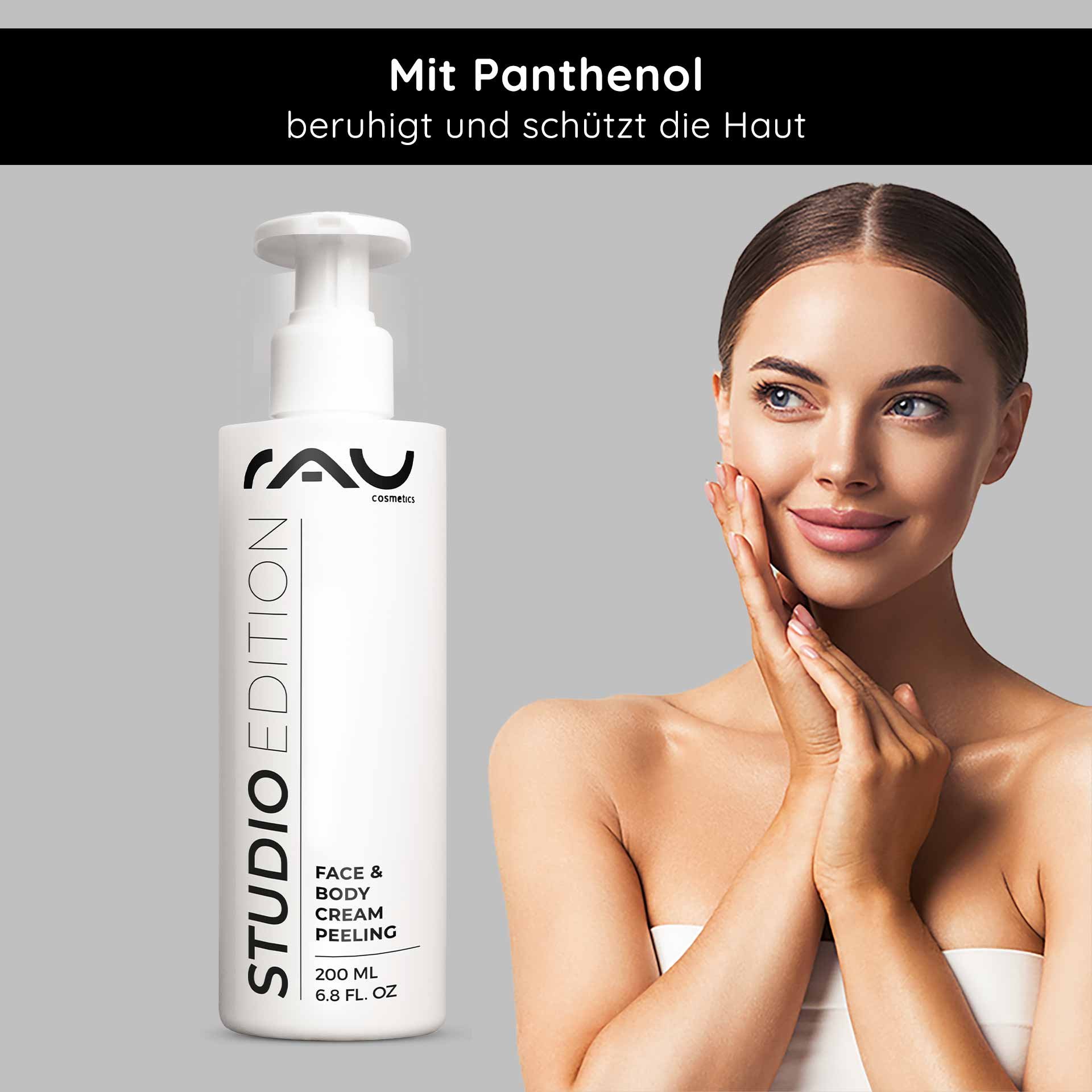 „RAU Cosmetics Studio Edition Face & Body Cream Peeling 200 ml Kabinenware – mechanisches Gesichts- und Körperpeeling mit natürlichen Schleifpartikeln, Lecithin, Mandelöl, Allantoin & Panthenol“