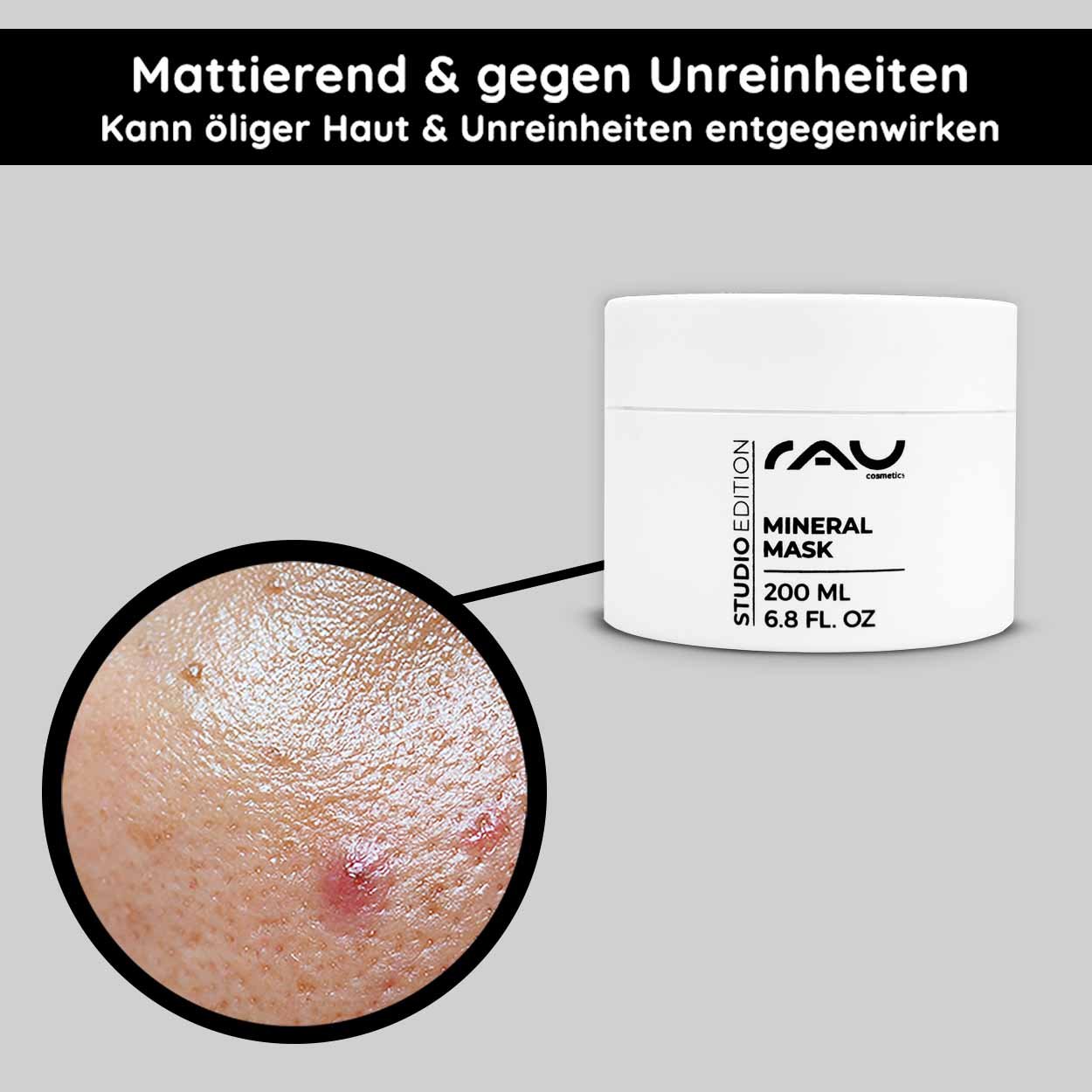 Mineralmaske von RAU Cosmetics im Tiegel, die fettige Haut und Hautunreinheiten hervorhebt, mit einem Text, der die mattierende und unreine Wirkung hervorhebt.