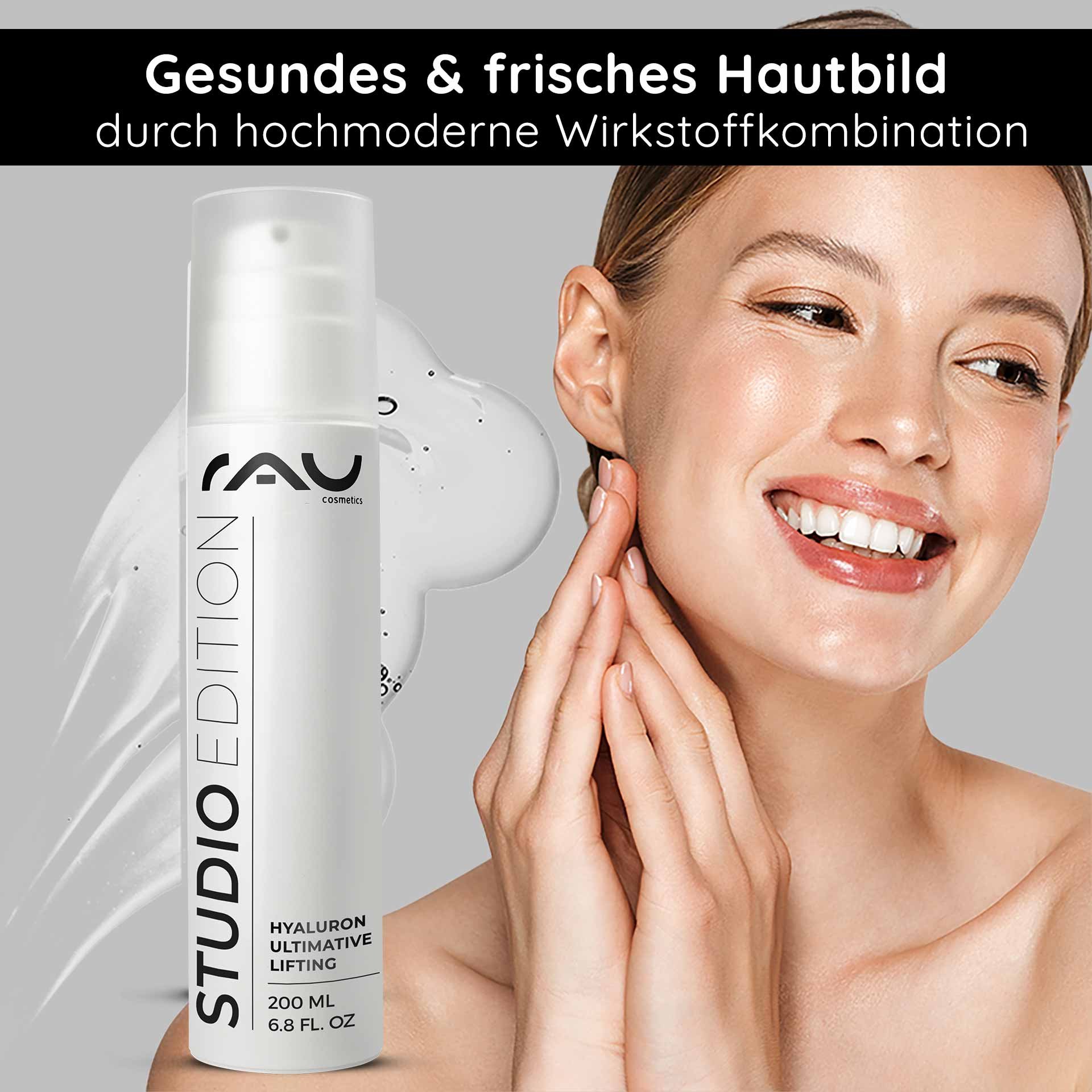 RAU Hyaluron Ultimative Lifting Gel dans un élégant flacon blanc, avec une femme souriante appliquant le produit sur son visage pour favoriser une peau saine et fraîche et souligner les bienfaits anti-âge.