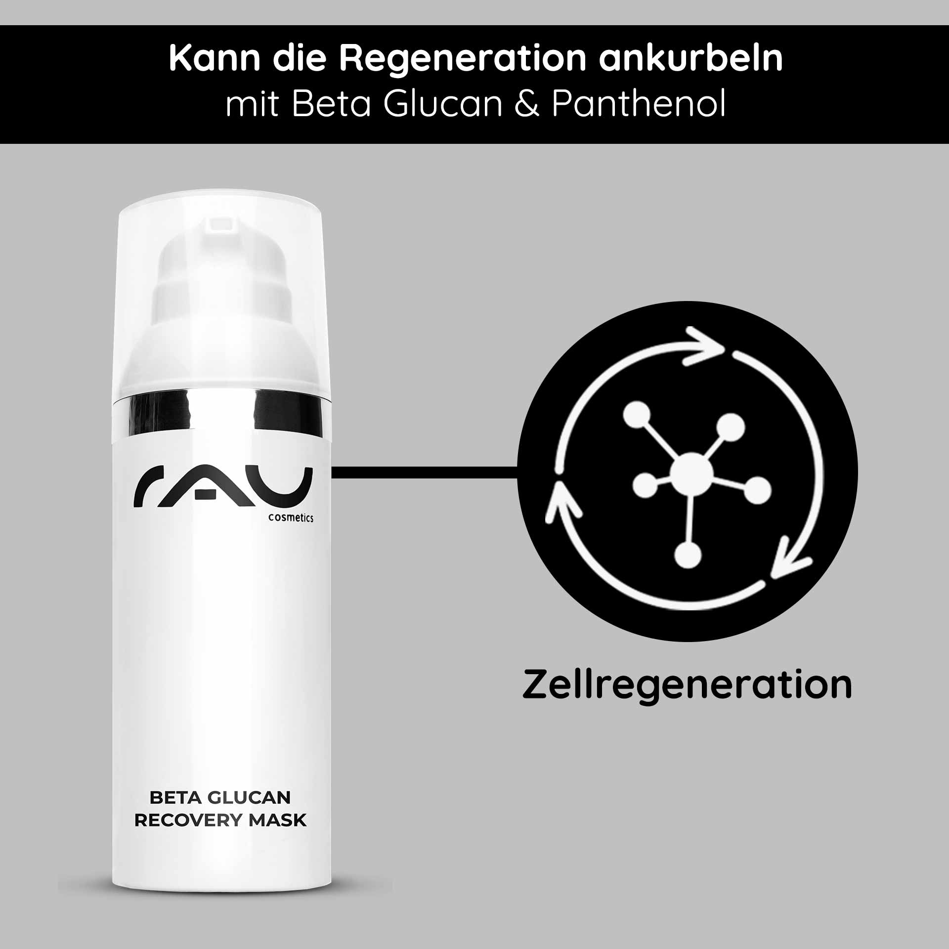 Masque de récupération au bêta-glucane 50 ml Bêta-glucane & panthénol Verpackung der RAU Beta Glucan Recovery Mask mit Schwerpunkt auf Zellregeneration, elegantem Design und Text, der die Vorteile für empfindliche Haut hervorhebt.