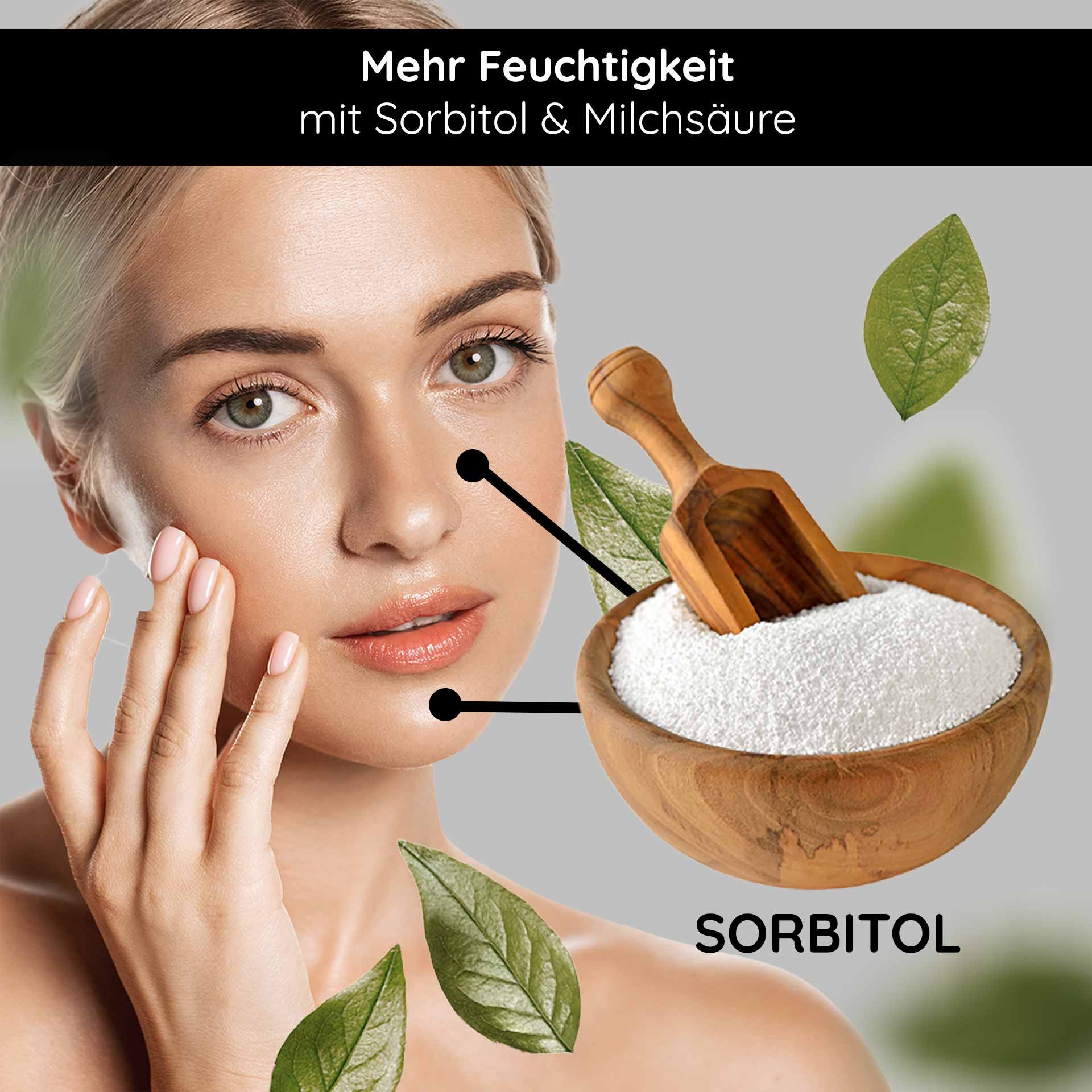 Femme à la peau éclatante et sorbitol, entourée de feuilles, souligne les propriétés hydratantes du Calming & Repair Mask de RAU Cosmetics.
