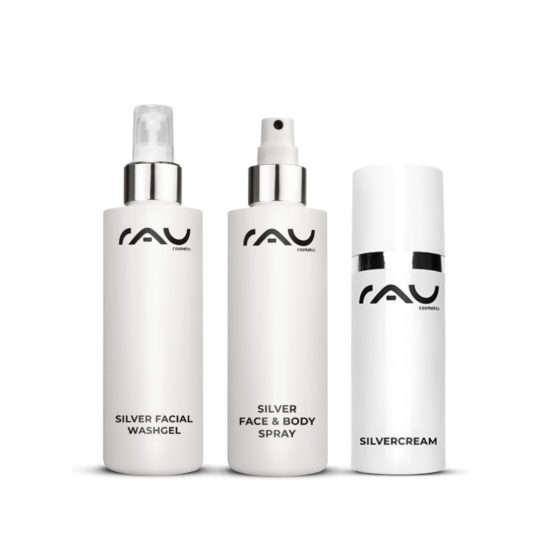 Set de soins RAU Cosmetics comprenant le Silver Facial Washgel, le Silver Face & Body Spray et la Silvercream, conçu pour un nettoyage efficace de la peau et une bonne hydratation.