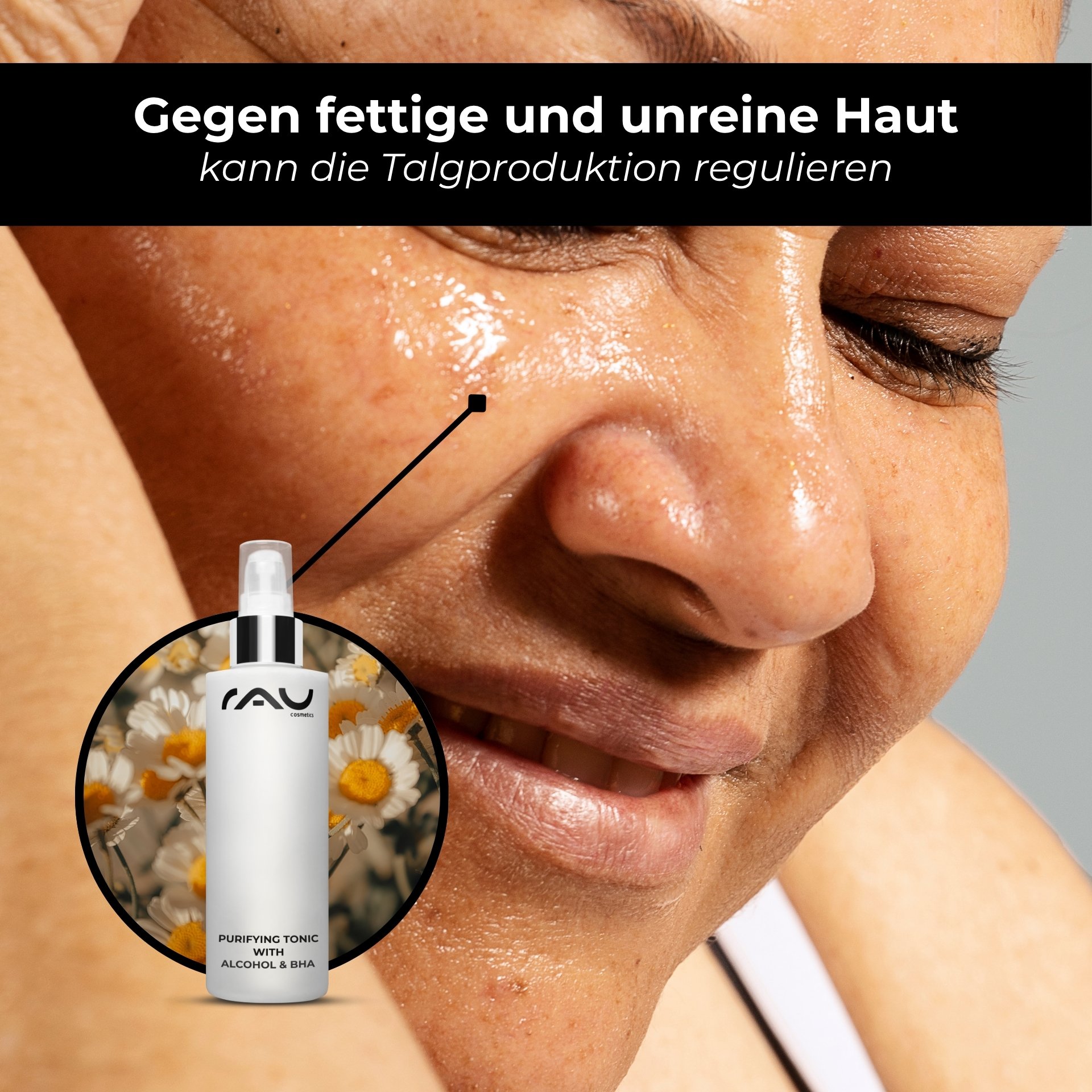 Femme satisfaite au teint uniforme grâce à l'effet clarifiant du Purifying Tonic.