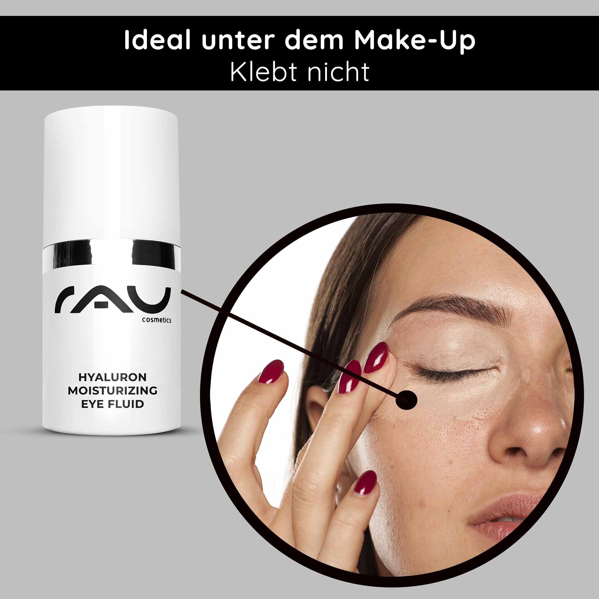 Anwendung von RAU Cosmetics Hyaluron Moisturizing Eye Fluid auf der Haut, ideal als Make-up-Unterlage, mit feuchtigkeitsspendender Wirkung für trockene Haut um die Augen.