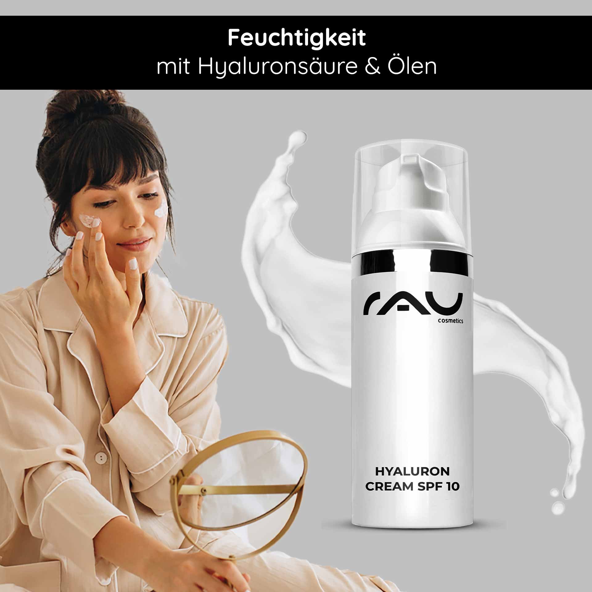 Frau mit Hyaluron Creme SPF 10 auf Gesicht, Anwendung von Feuchtigkeitscreme mit Hyaluronsäure und Ölen, RAU Cosmetics, Hautpflege für trockene Haut.