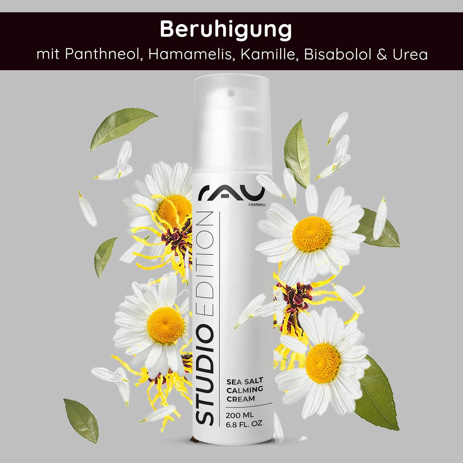 Sea Salt Calming Cream de RAU Cosmetics 200 ml aux ingrédients apaisants comme le panthénol, l'hamamélis et la camomille, entourée d'éléments floraux, soulignant ses bienfaits pour les peaux sèches et sensibles.