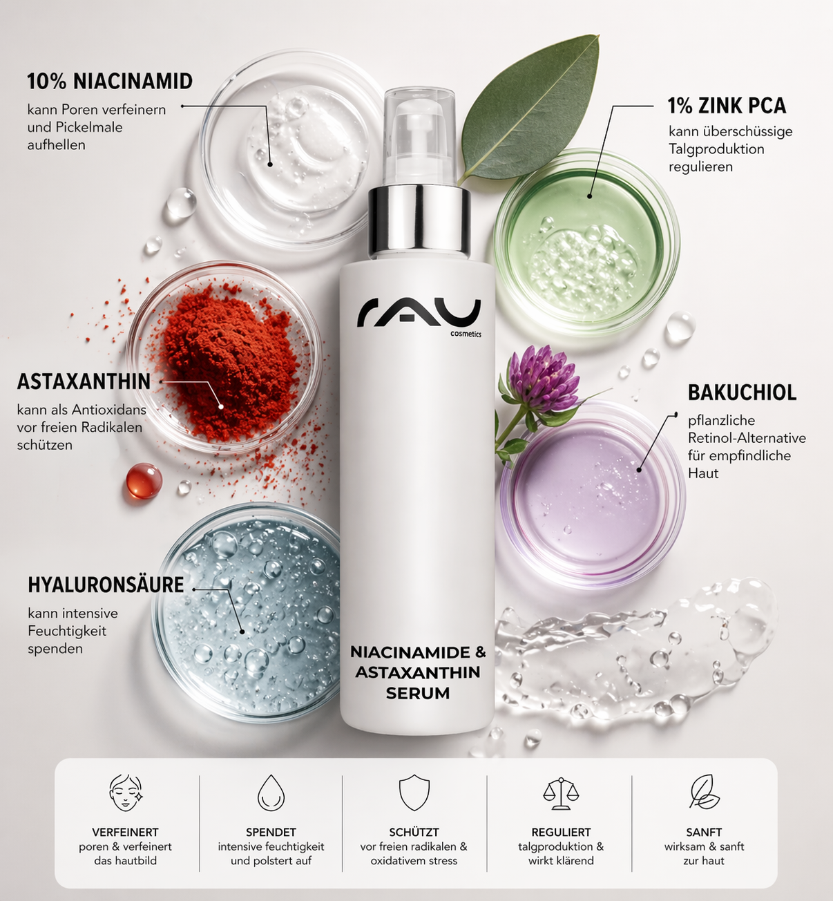 Sérum Niacinamide & Astaxanthine — Flacon de 100 ml avec pipette pour un dosage précis.