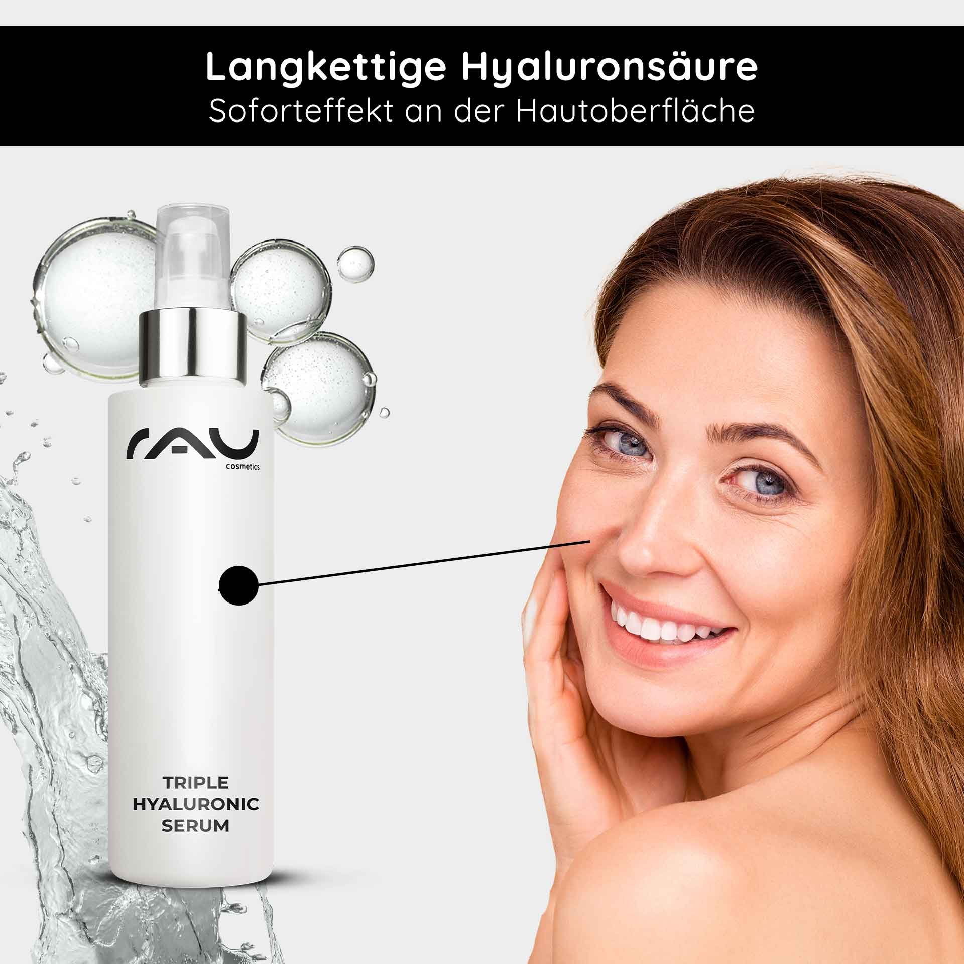 Anti-Aging Wirkung: Die Flasche des Serums neben einer lächelnden Frau verdeutlicht die glättenden Eigenschaften.