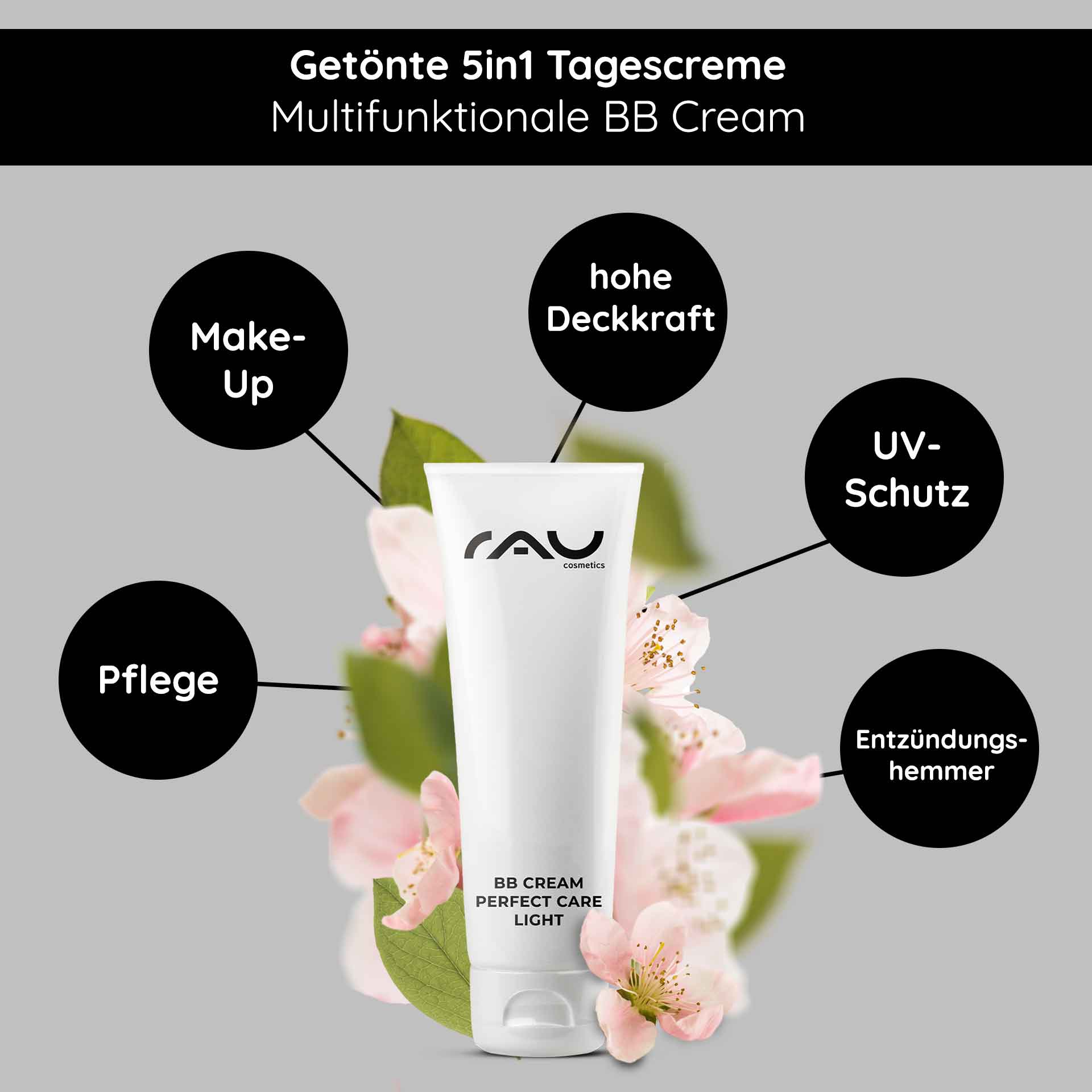 BB Cream Perfect Care Light 75 ml SPF12 Maquillage et soins RAU BB Cream Perfect Care Leichte Tube mit floralem Hintergrund, die multifunktionale Vorteile hervorhebt: hohe Deckkraft, UV-Schutz, Hautpflege und entzündungshemmende Eigenschaften.
