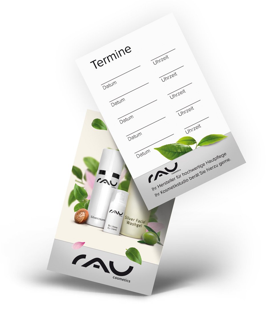 Cartes de rendez-vous de RAU Cosmetics avec de l'espace pour cinq rendez-vous, illustrées de produits de soin et d'un design de feuille verte, idéales pour les instituts de beauté.