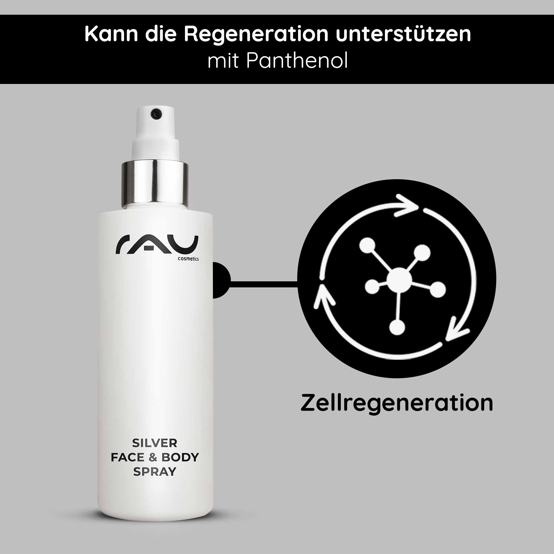 Silver Face & Body Spray 200 ml avec panthénol & micro-argent RAU Cosmetics Silver Face & Body Spray-Flasche mit Panthenol, fördert die Hautregeneration und hat beruhigende Eigenschaften, ideal für Hautpflegelösungen.