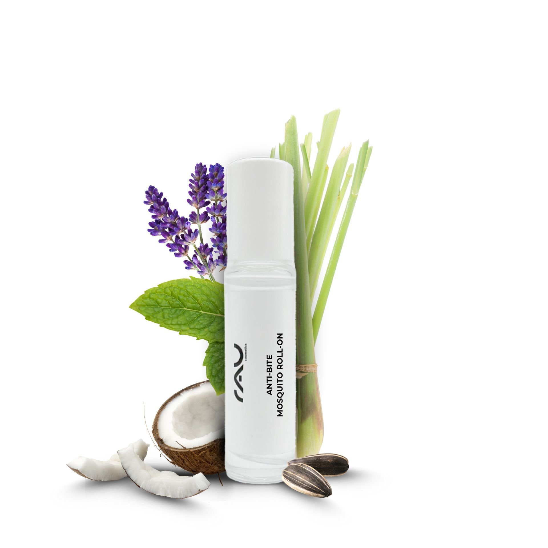 RAU Cosmetics Anti Bite Mosquito Roll-On 10 ml avec des ingrédients naturels tels que la citronnelle, la lavande et la menthe, entouré de noix de coco et de graines de tournesol, pour soulager les piqûres d'insectes et soigner la peau.