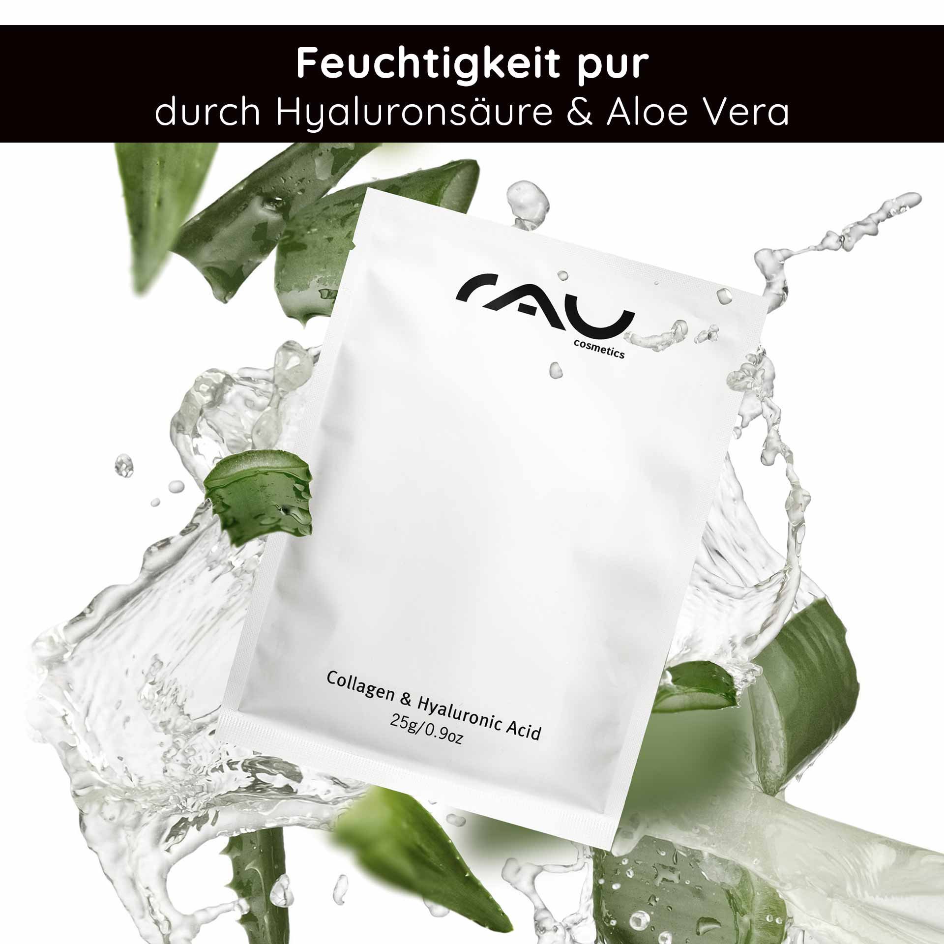Emballage du masque au collagène et à l'acide hyaluronique avec logo RAU Cosmetics, entouré de feuilles d'aloe vera et d'éclaboussures d'eau, soulignant l'hydratation intense et les bienfaits anti-âge.