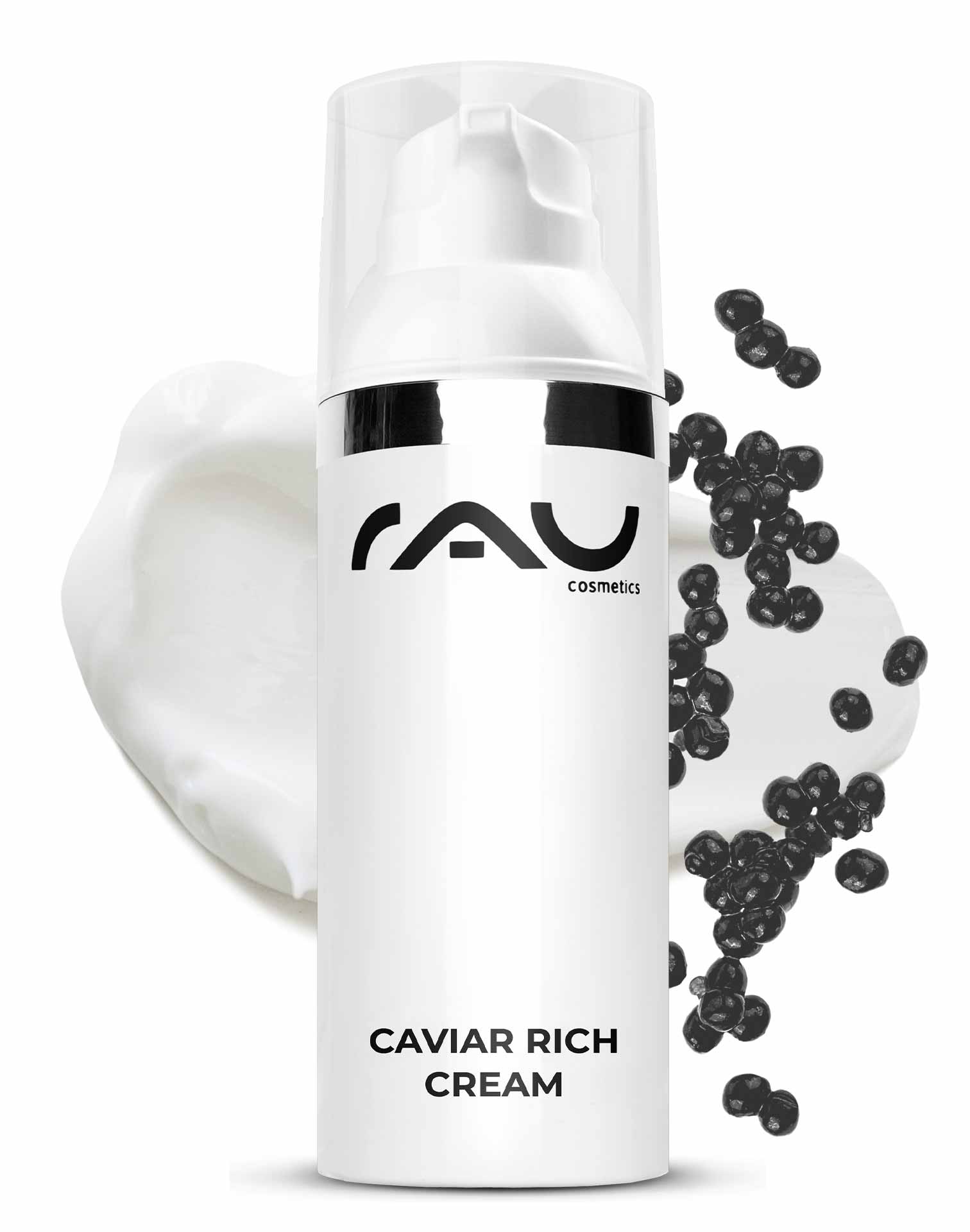 Caviar Rich Cream 50 ml Crème riche anti-âge Verpackung der RAU Cosmetics Caviar Rich Cream mit Kaviarperlen und Cremetextur, die Anti-Aging-Eigenschaften für trockene und reife Haut hervorhebt.