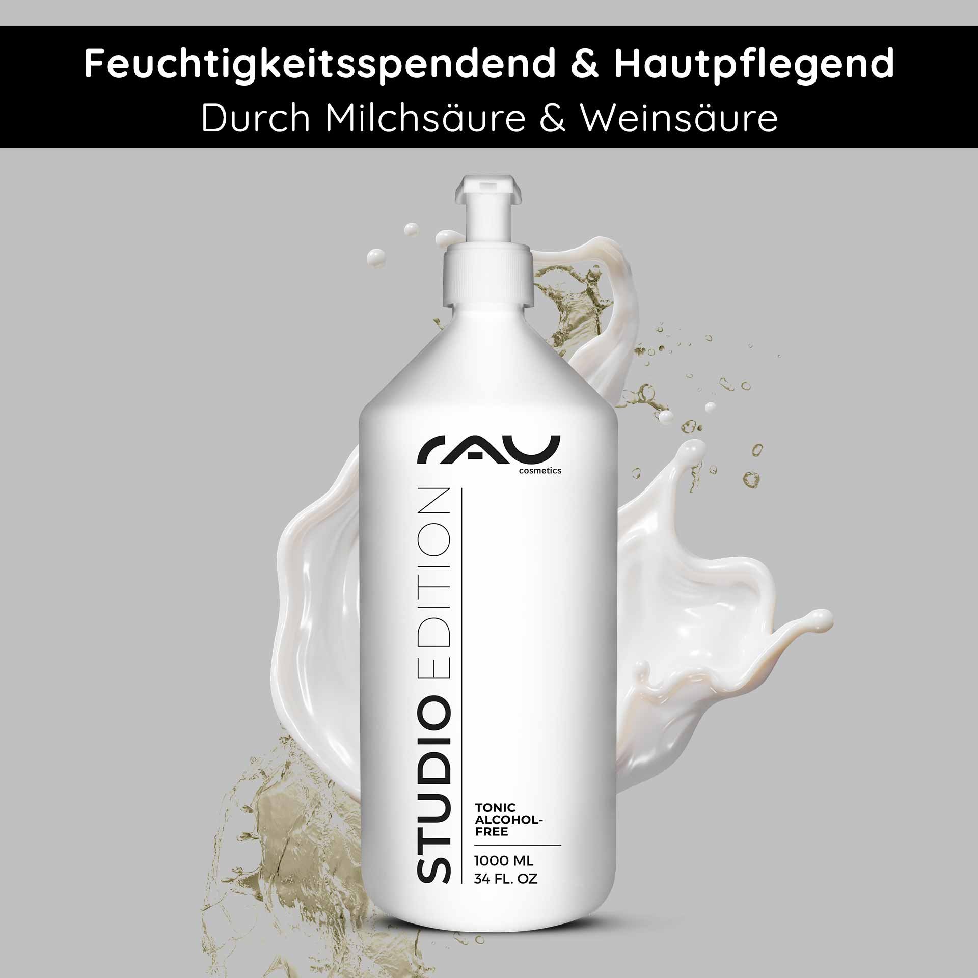 Alkoholfreies Tonic-Flasche mit Brennnesselextrakt von RAU Cosmetics, 1000 ml, Aufschrift „STUDIO EDITION“, mit Betonung der feuchtigkeitsspendenden und hautpflegenden Wirkung.