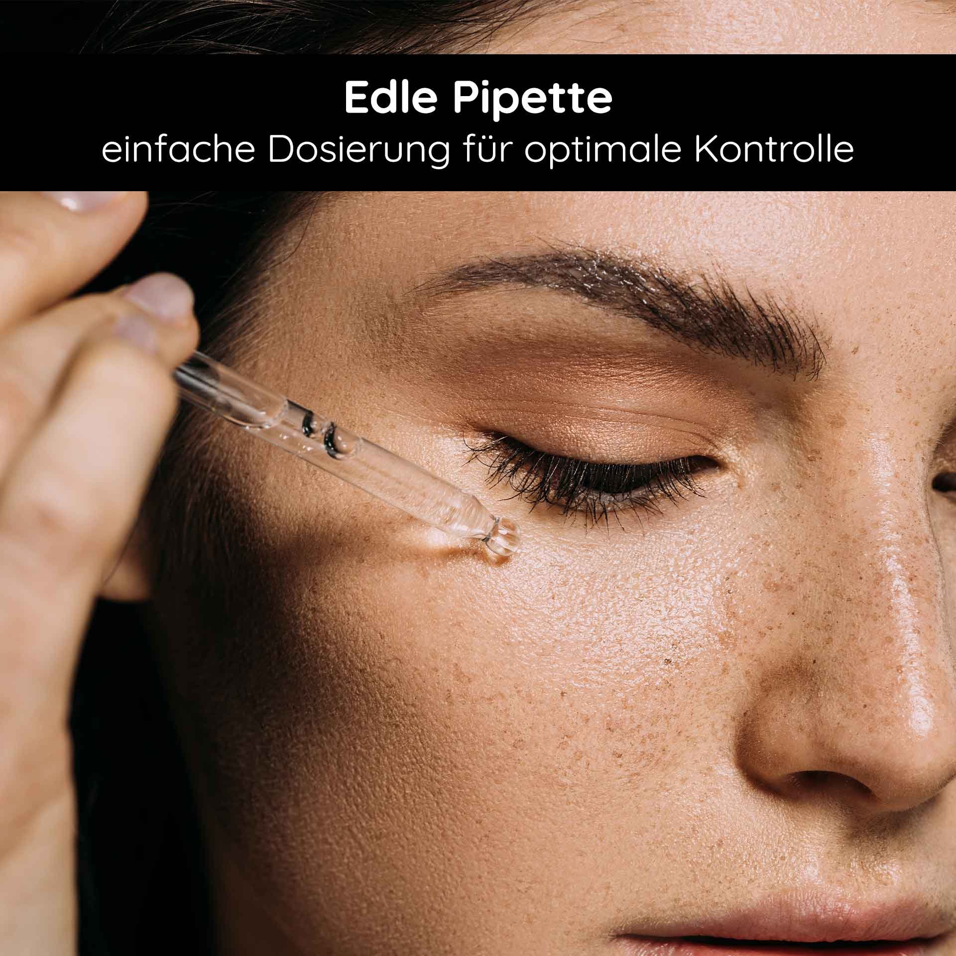 Pipette élégante avec gouttes d'autobronzant pour un dosage facile et un contrôle optimal sur le visage d'une femme à la peau zéro défaut.