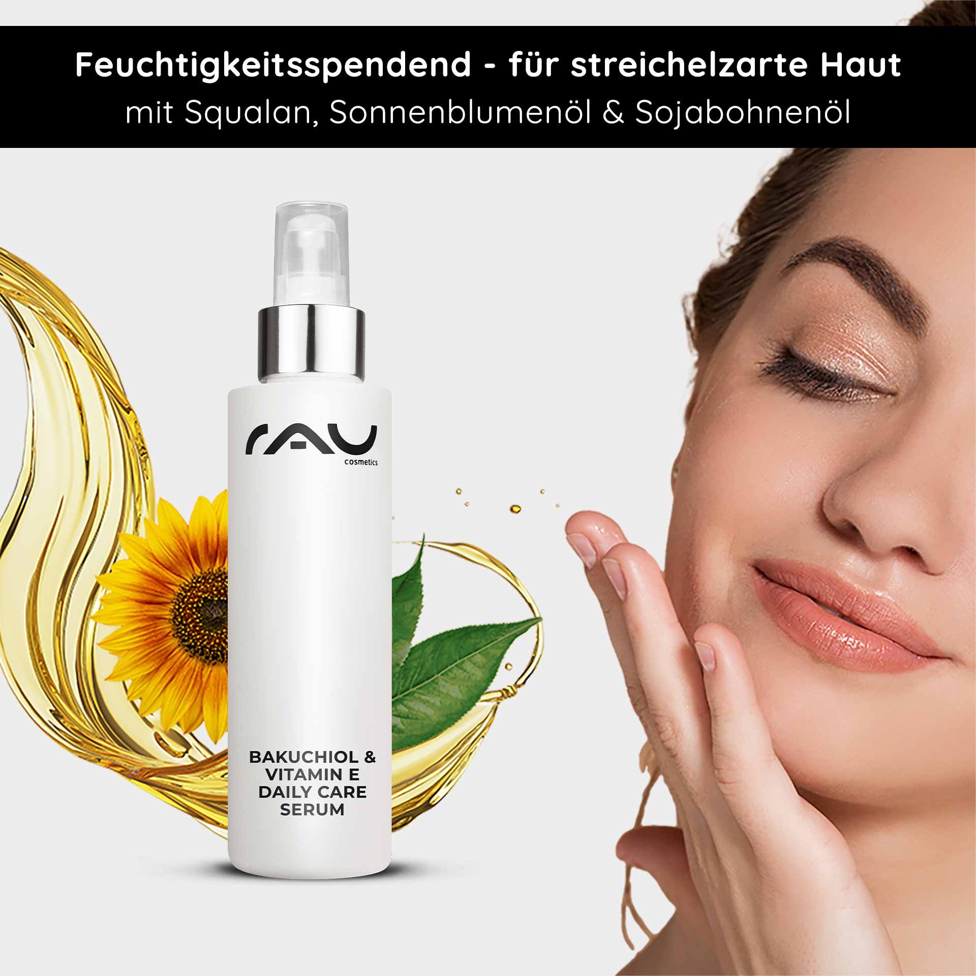 RAU Cosmetics Bakuchiol & Vitamin E Daily Care Serum – Produktabbildung des Anti-Aging-Serums in einem eleganten Airless-Spender mit sichtbarem Etikett und transparentem Hintergrund.