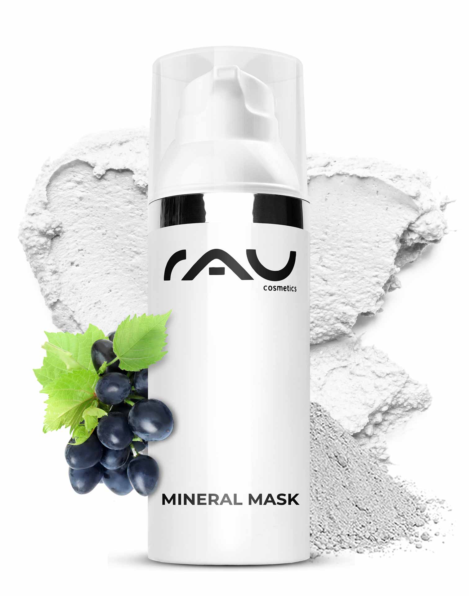 Mineral Mask 50 ml Masque matifiant pour le visage Mineral Mask von RAU Cosmetics in einer eleganten Verpackung mit Pflanzenmotiven, umgeben von Rügener Heilkreide, ideal für unreine und empfindliche Haut, unterstützt die Hautregeneration und mattiert.
