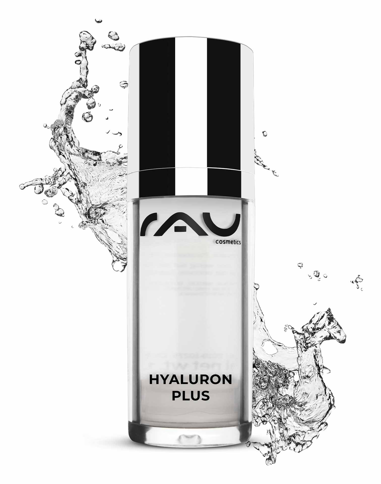 RAU Cosmetics Hyaluron Plus Serumflasche mit Splash-Effekt, die Anti-Aging-Eigenschaften und Eignung für trockene, reife Haut hervorhebt.