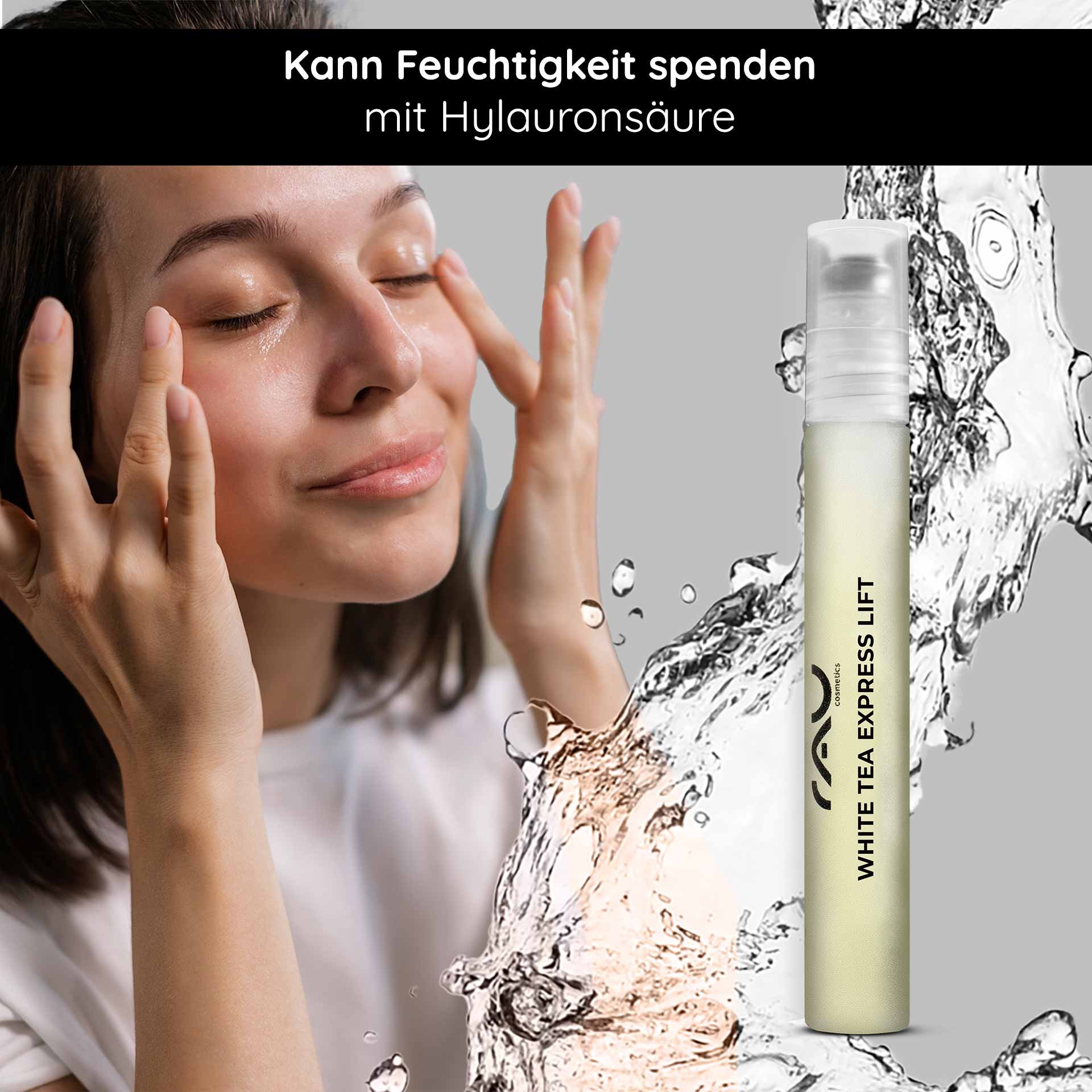 Frau mit geschlossenen Augen, die Gesichtspflege mit RAU Cosmetics White Tea Express Lift Roll-On anwendet, um Feuchtigkeit zu spenden und Falten zu reduzieren, umgeben von Wasserspritzern.