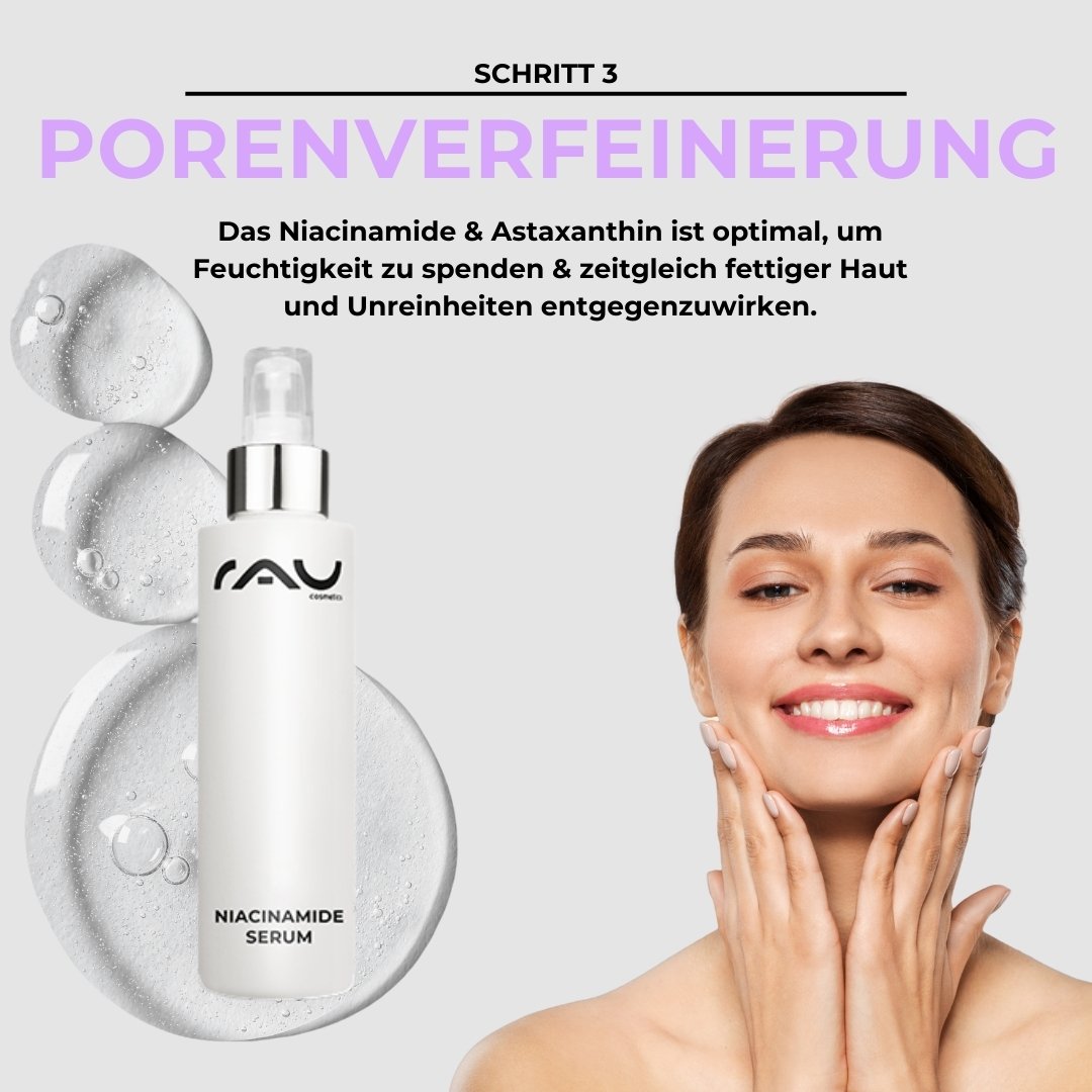 Sérum au niacinamide de RAU Cosmetics avec des gouttes d'eau, une femme applique le sérum sur son visage, souligne l'affinement des pores pour les peaux mixtes.
