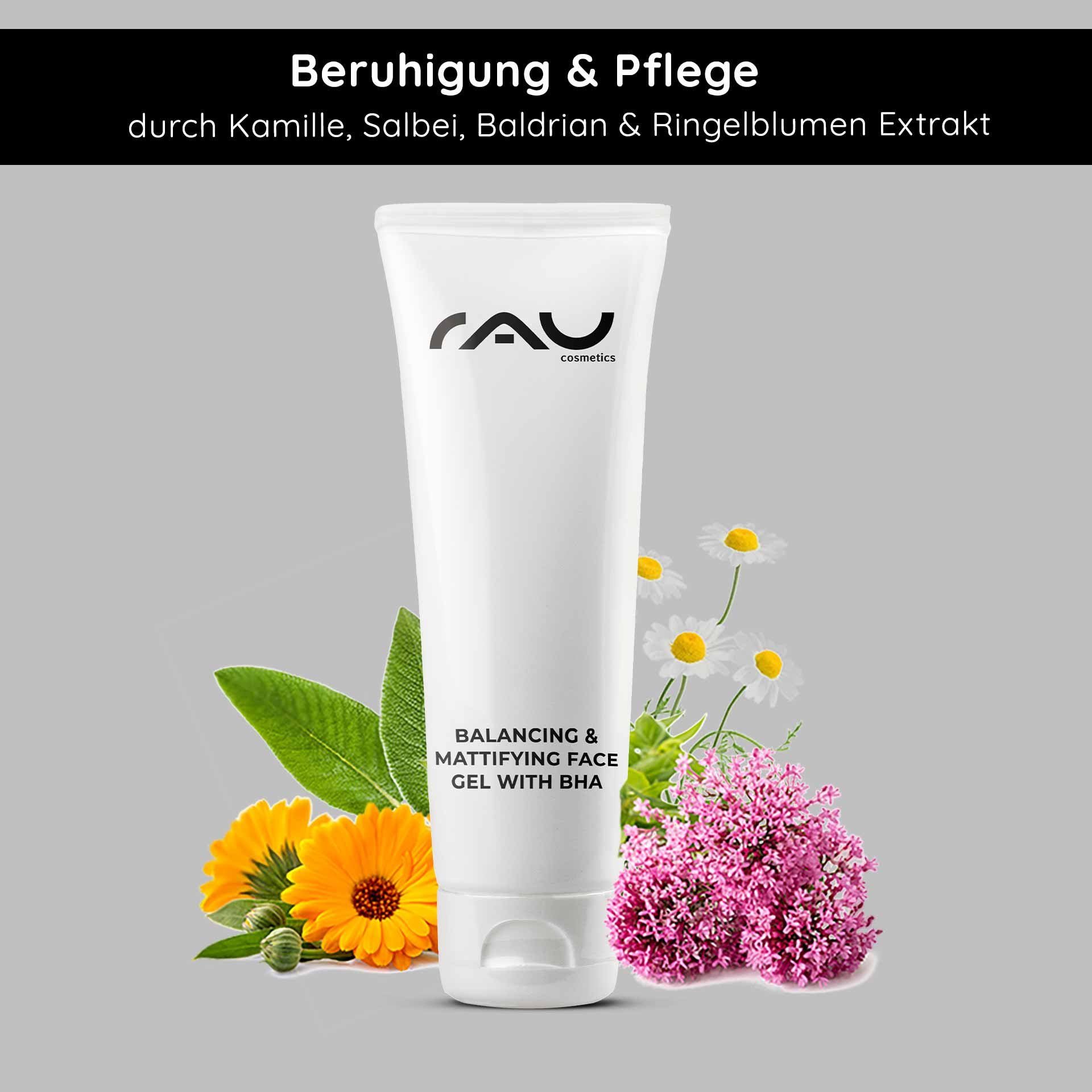 Balancing & Mattifying Face Gel de RAU Cosmetics au BHA, entouré de fleurs de camomille, de sauge et de souci, souligne l'effet apaisant et nourrissant pour les peaux grasses et impures.