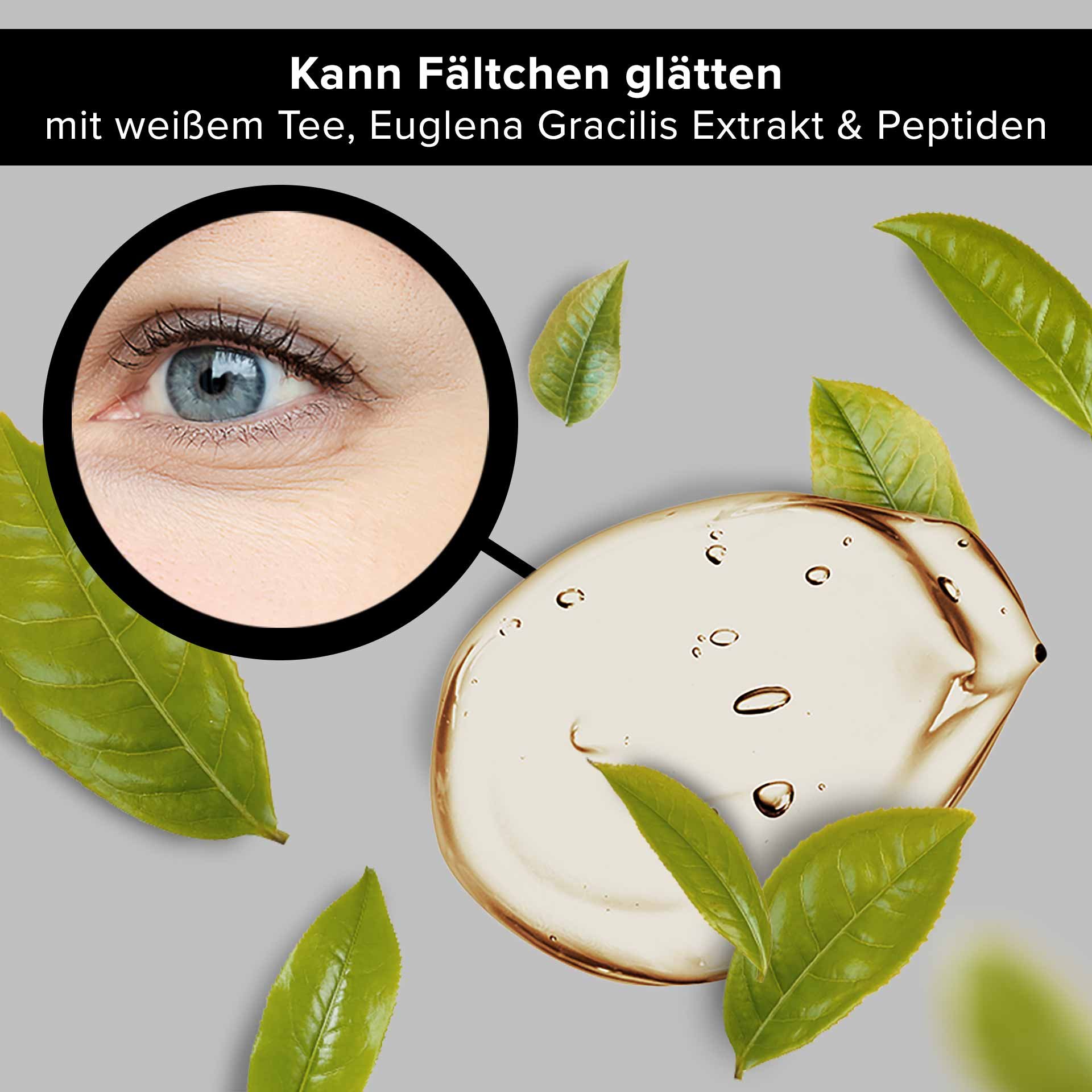 Augenbereich mit feinen Linien, umgeben von grünen Teeblättern und einer Geltextur, betont die Anti-Aging Wirkung des RAU Cosmetics White Tea Eye Cooling Gel mit weißem Tee, Euglena Gracilis Extrakt und Peptiden.