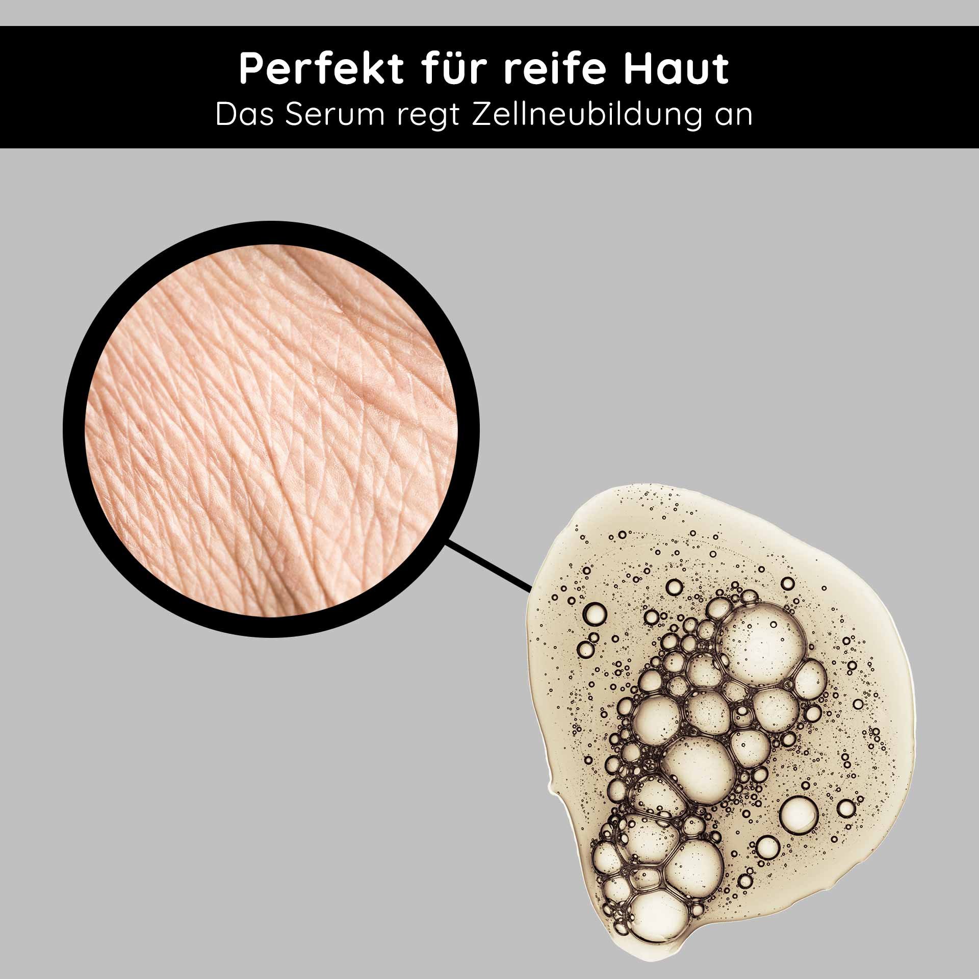 Sérum parfait pour peaux matures, enrichi de bulles hydratantes, pour favoriser le renouvellement cellulaire et la régénération cutanée.