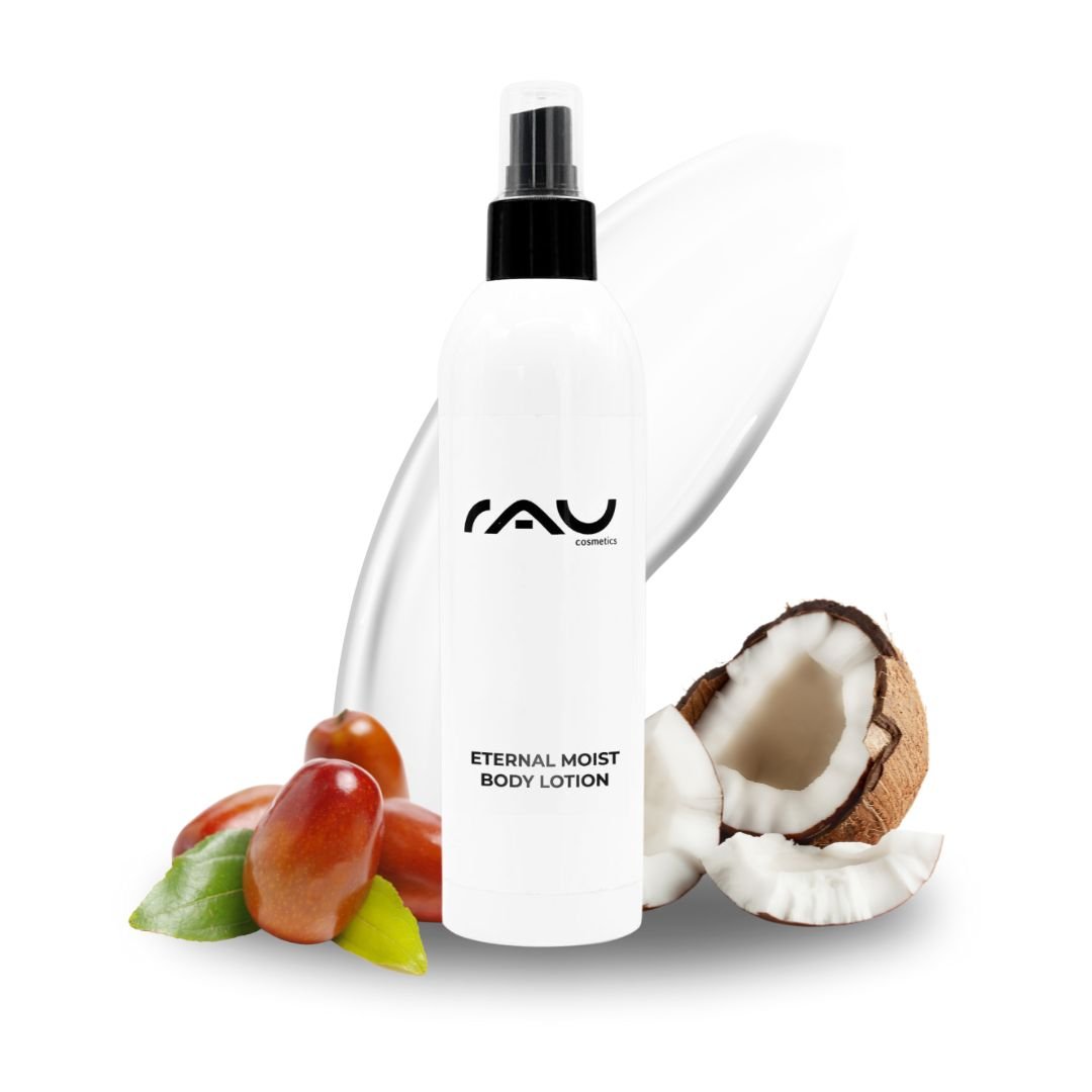 Lotion corporelle RAU Eternal Moist, flacon de 250 ml à la noix de coco et aux ingrédients de soin, mettant l'accent sur l'hydratation intense des peaux sèches et une texture soyeuse.