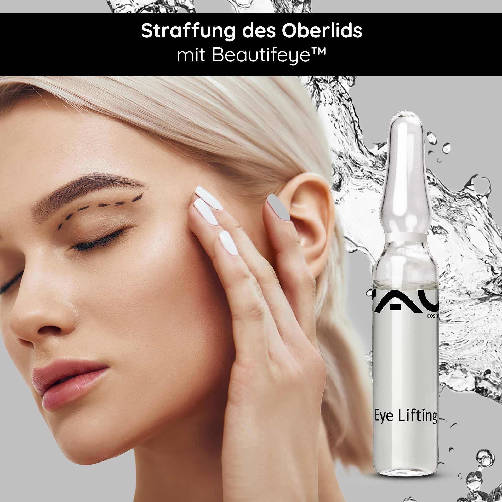 Femme aux yeux fermés, touchant doucement le contour de ses yeux, à côté d'une ampoule Eye Lifting de RAU Cosmetics, avec le texte « Raffermissement de la paupière supérieure avec Beautifeye™ ».