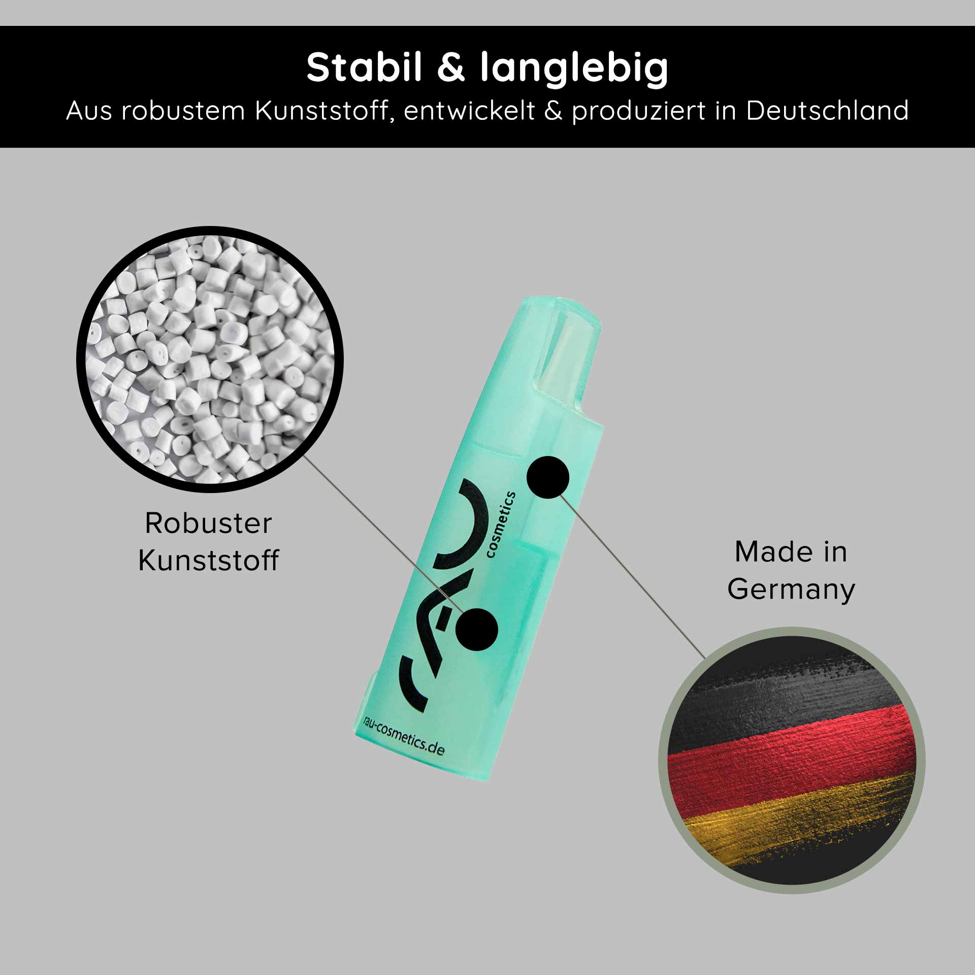 Ouvre-ampoule pour ampoules vomitives de 2 ml Ampullenöffner von RAU Cosmetics, hergestellt aus robustem Kunststoff, mit Text "Stabil & langlebig", und Hinweis "Made in Germany".