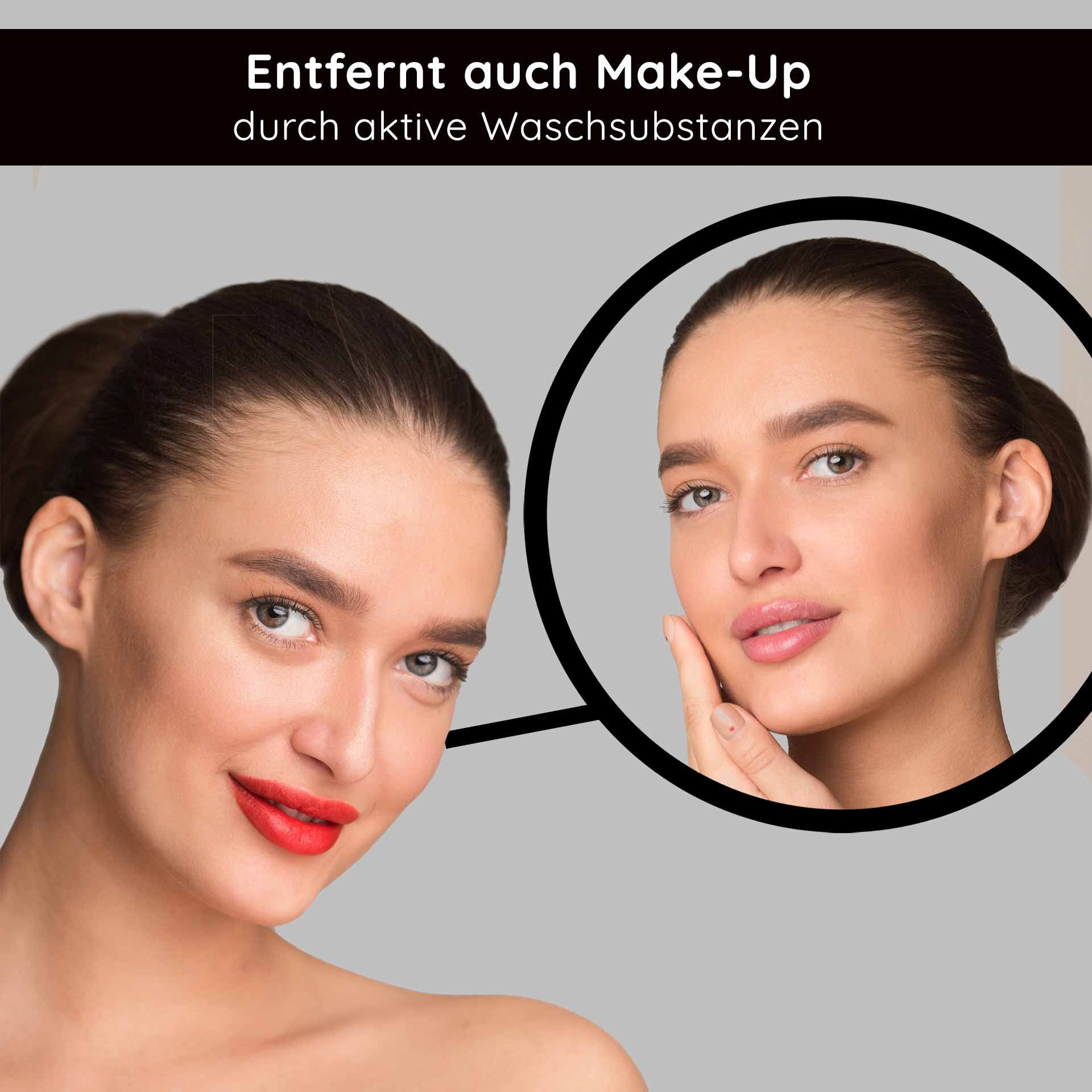 Frau mit rotem Lippenstift und makelloser Haut, zeigt die Wirkung der RAU Cosmetics Reinigungslotion, die Make-up entfernt und Hautpflege bietet.