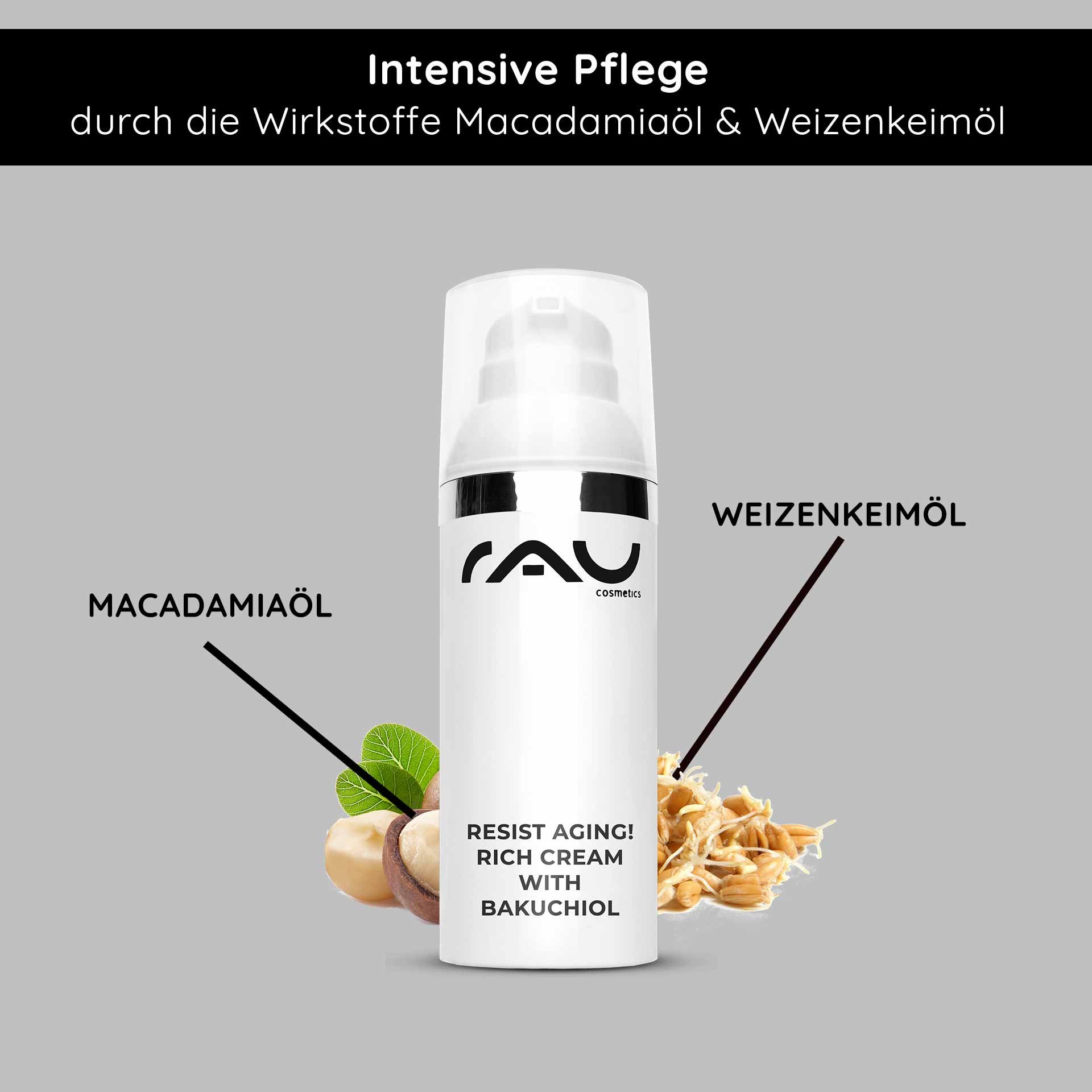 Huiles végétales précieuses : la Rich Cream contient de l'huile de macadamia et de germe de blé pour un apport nutritionnel intense.