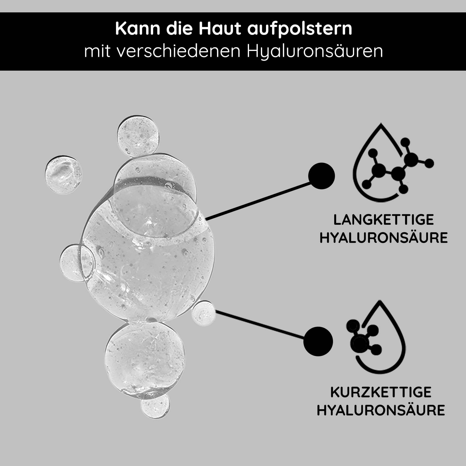 Gel hydratant : représentation du sérum hyaluronique transparent qui pénètre profondément dans les couches de la peau.