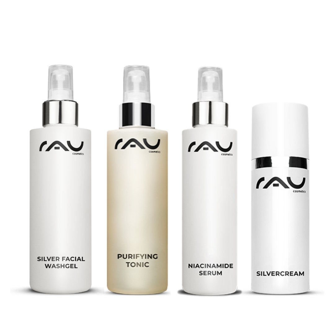 RAU Cosmetics Hautpflegeset mit Silver Facial Washgel, Purifying Tonic, Niacinamide Serum und Silvercream, entwickelt für fettige und unreine Haut.