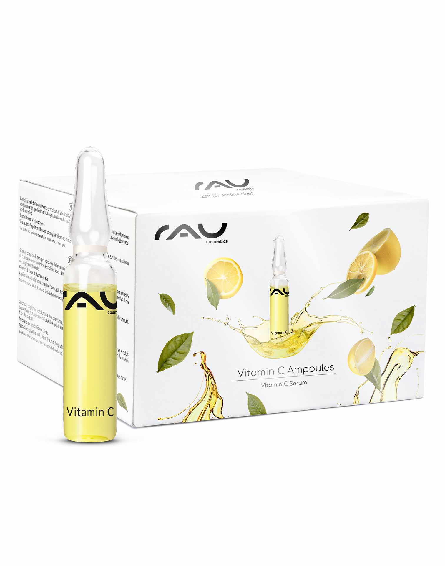 Ampoules de vitamine C 14x2 ml pour peaux matures & impures RAU Cosmetics Vitamin C Ampullen Set, 14 x 2 ml, mit gelbem Serumfläschchen und Verpackung mit Zitronen- und Blattgrafiken, fördert den Hautschutz und die Regeneration.