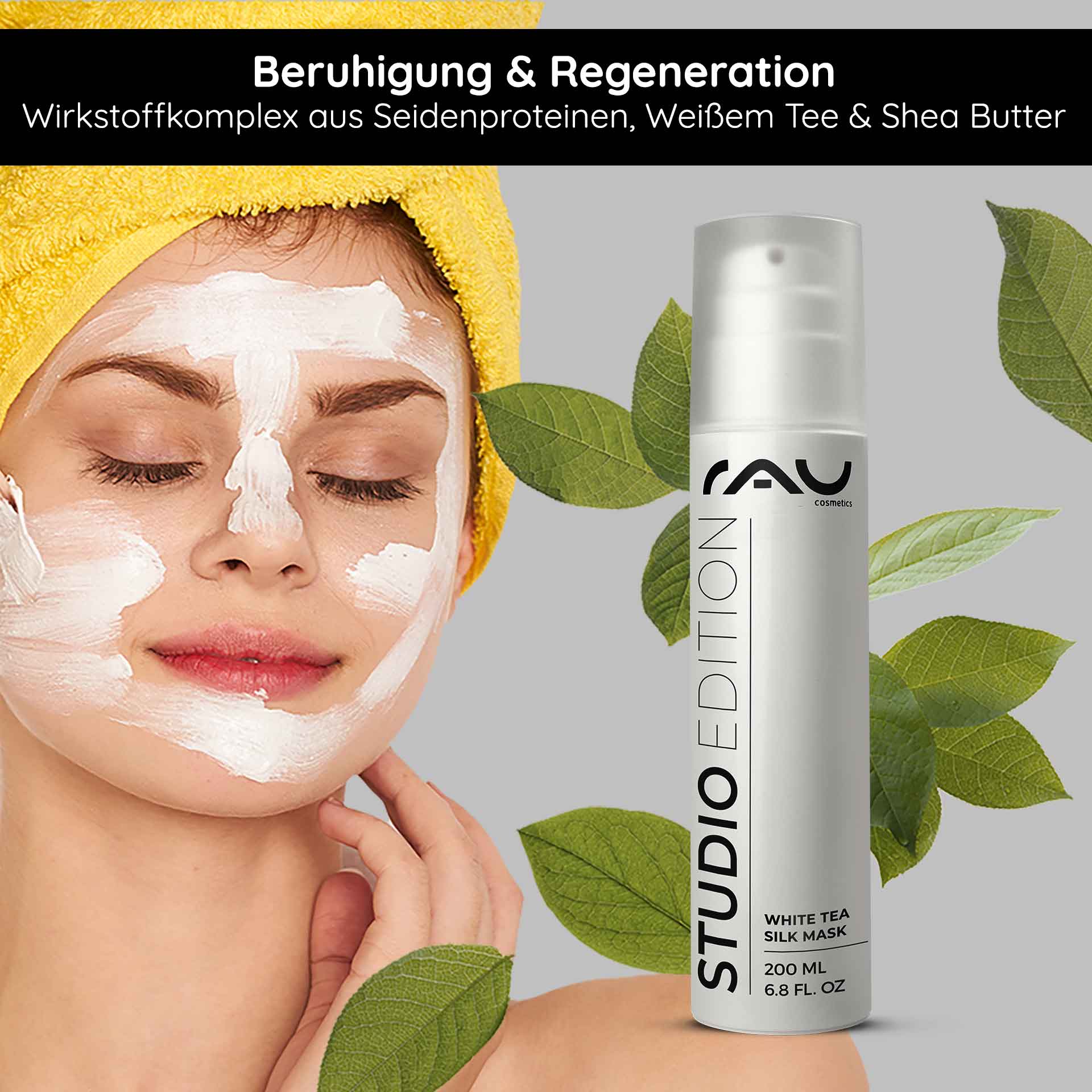 White Tea Silk Mask 200 ml Crème riche & masque Frau mit Gesichtsmaske aus Weißem Tee und Seidenproteinen, entspannend mit Hand am Hals, umgeben von grünen Blättern und Produktflasche der RAU White Tea Silk Mask, betont Hautpflege und Regeneration.