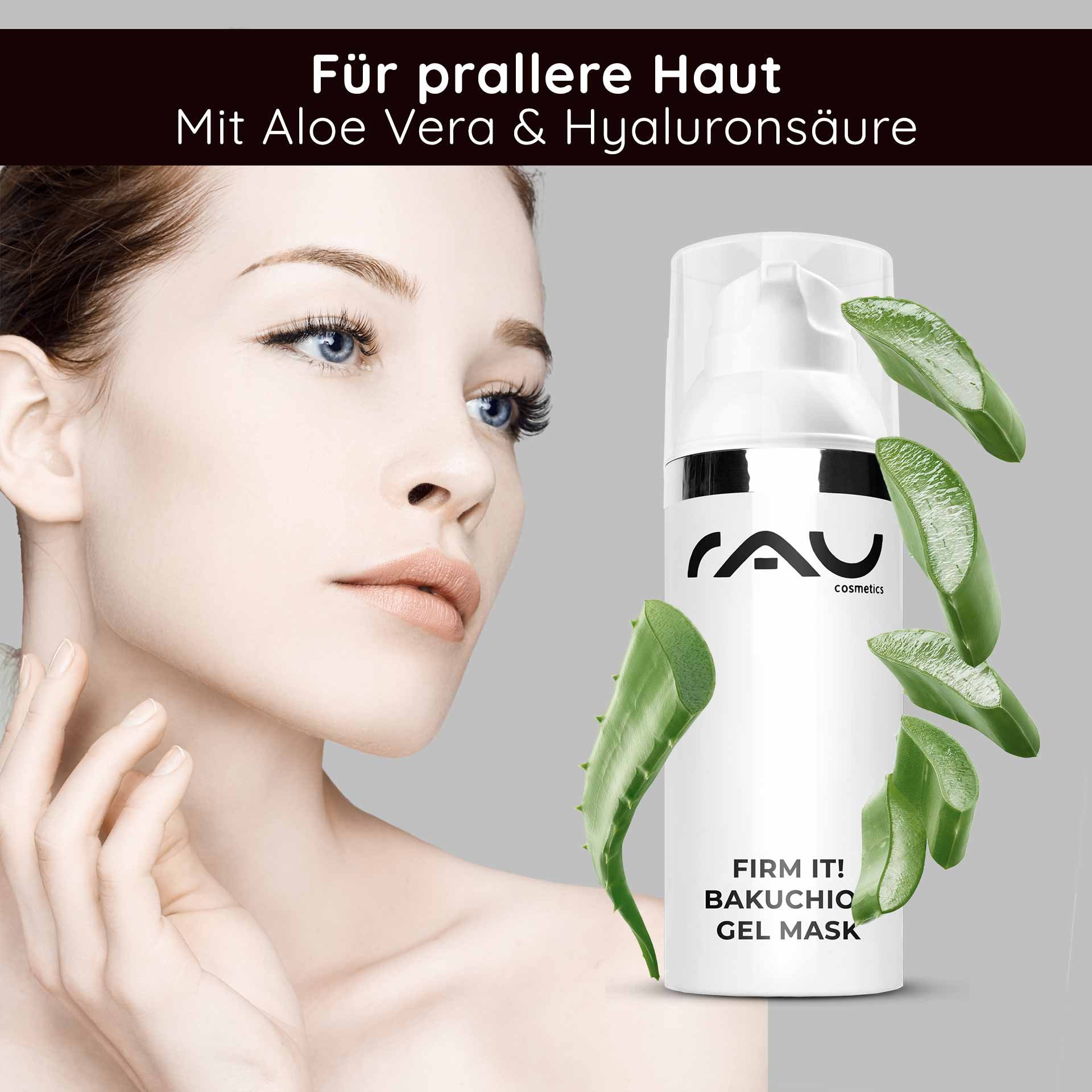 Femme à la peau éclatante et aloe vera, présentant le RAU Cosmetics Firm it! Bakuchiol Gel Mask, pour une peau plus rebondie, avec aloe vera et acide hyaluronique.